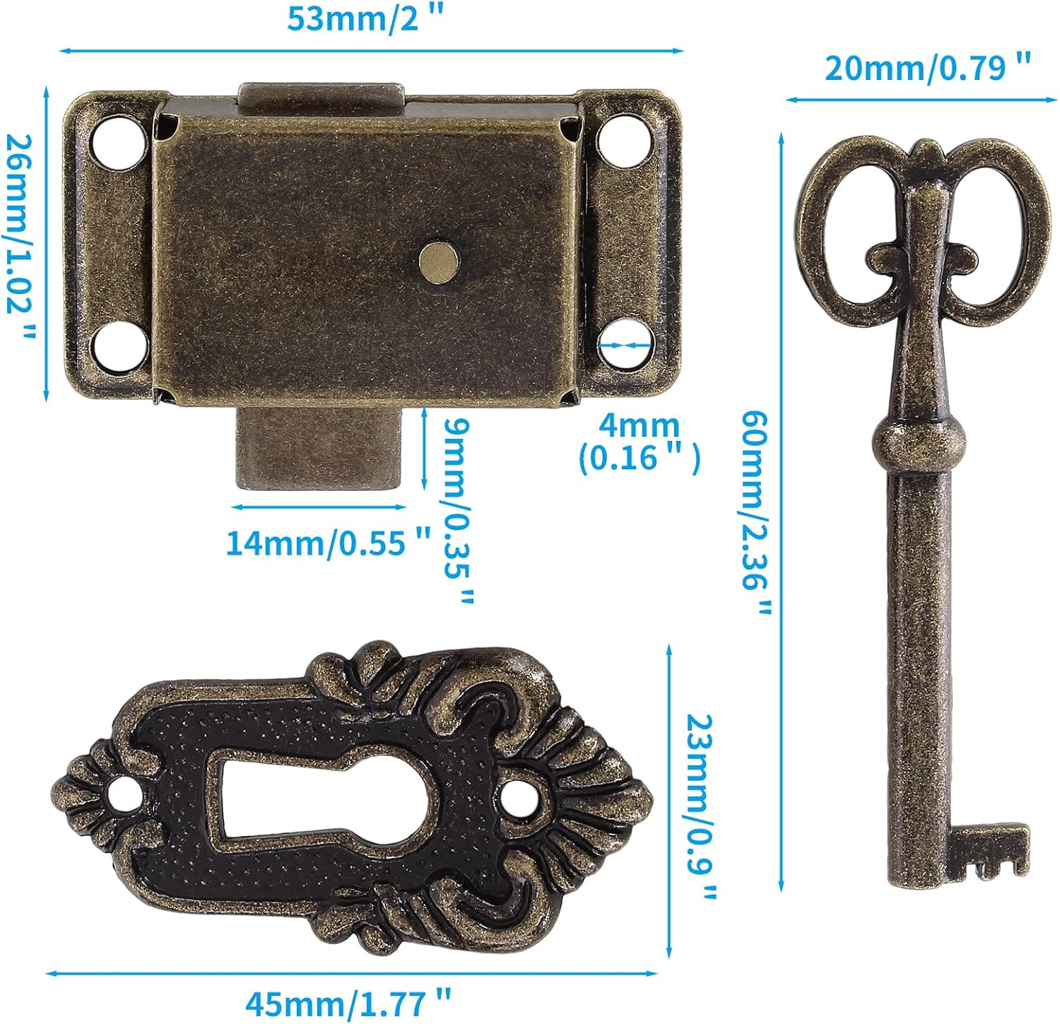 2 Sets Skeleton Key Lock Antique Bronze Cabinet Lock with Keys | Iron Vintage Du