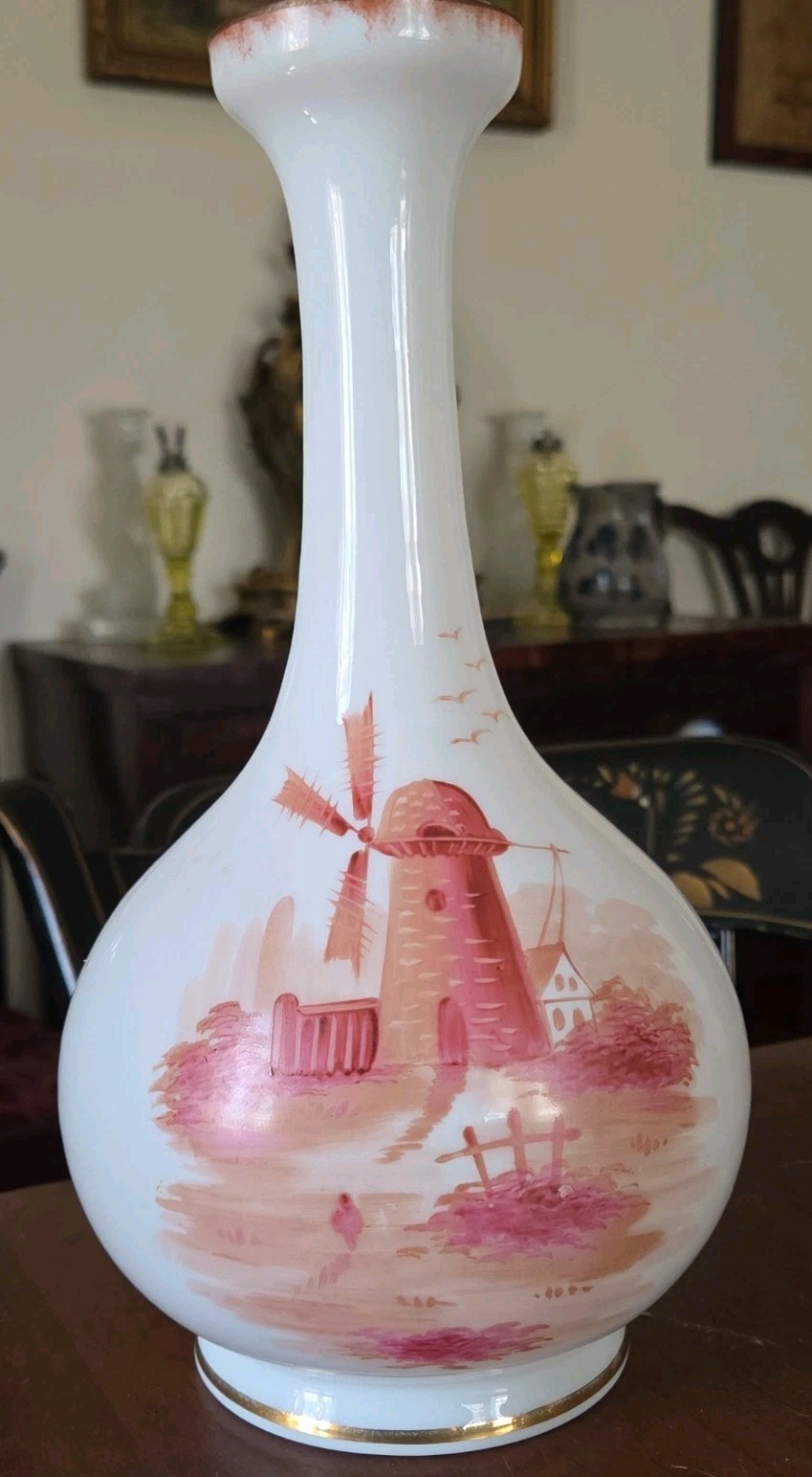 Antique Bristol Victorian Art Glass Vase Milk White & Hand Painted Windmill