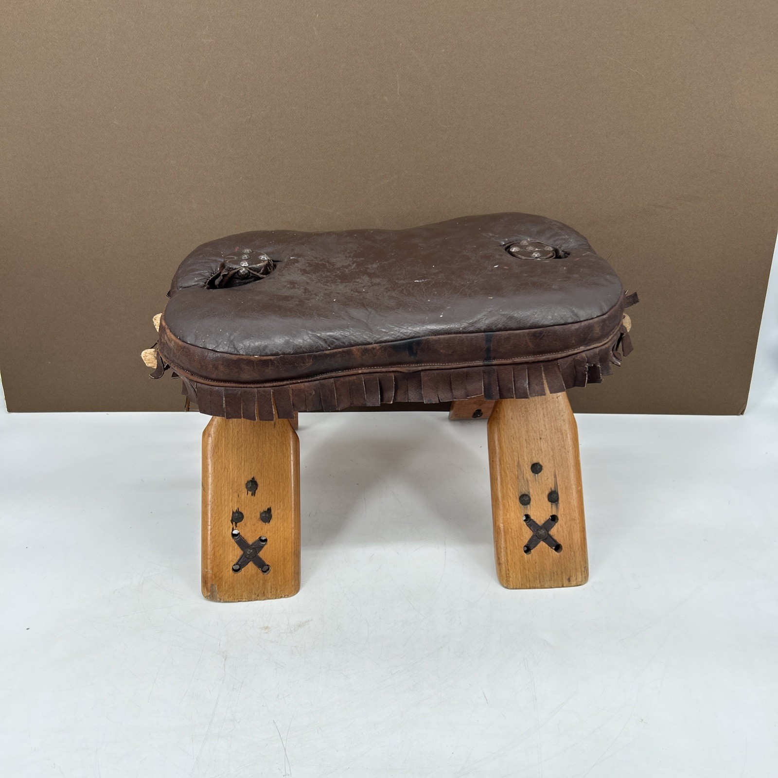 ⭐Vintage Mid-Century Egyptian Camel Stool – Wooden Saddle Ottoman Footrest READ