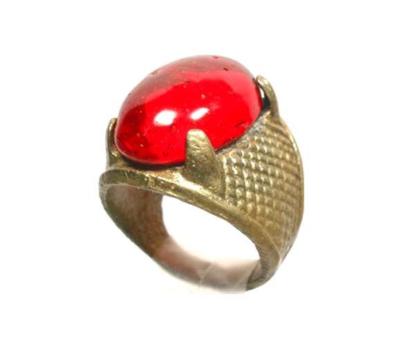 Antique 19thC Russian Tatar Silver Bronze Alloy Ring Ruby Red Glass Gem Size 6¼