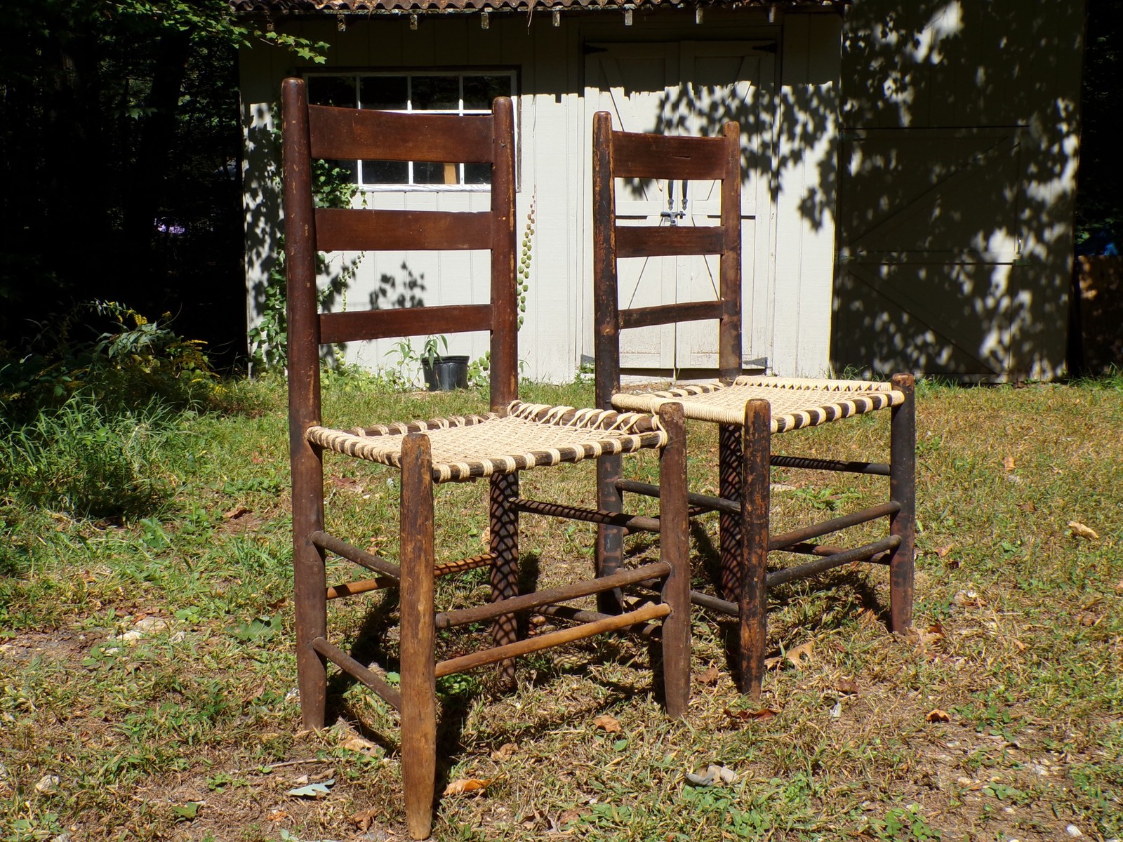 Pair Antique Rustic Primitive Farmhouse New England Ladderback Chairs Rope Seats