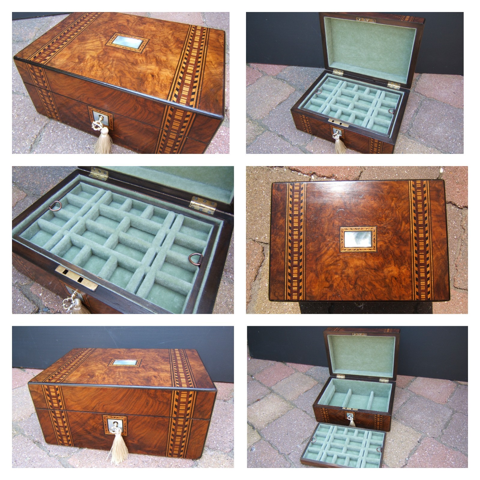 19c ANTIQUE FIGURED WALNUT JEWELLERY BOX -RING- NECKLACE-WATCH