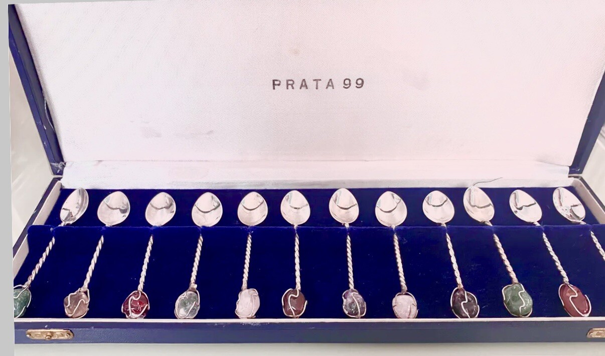Simon & Company, Ltd. Brazil Vintage Silver Plate & Stone 12-Pc Demitasse Spoons