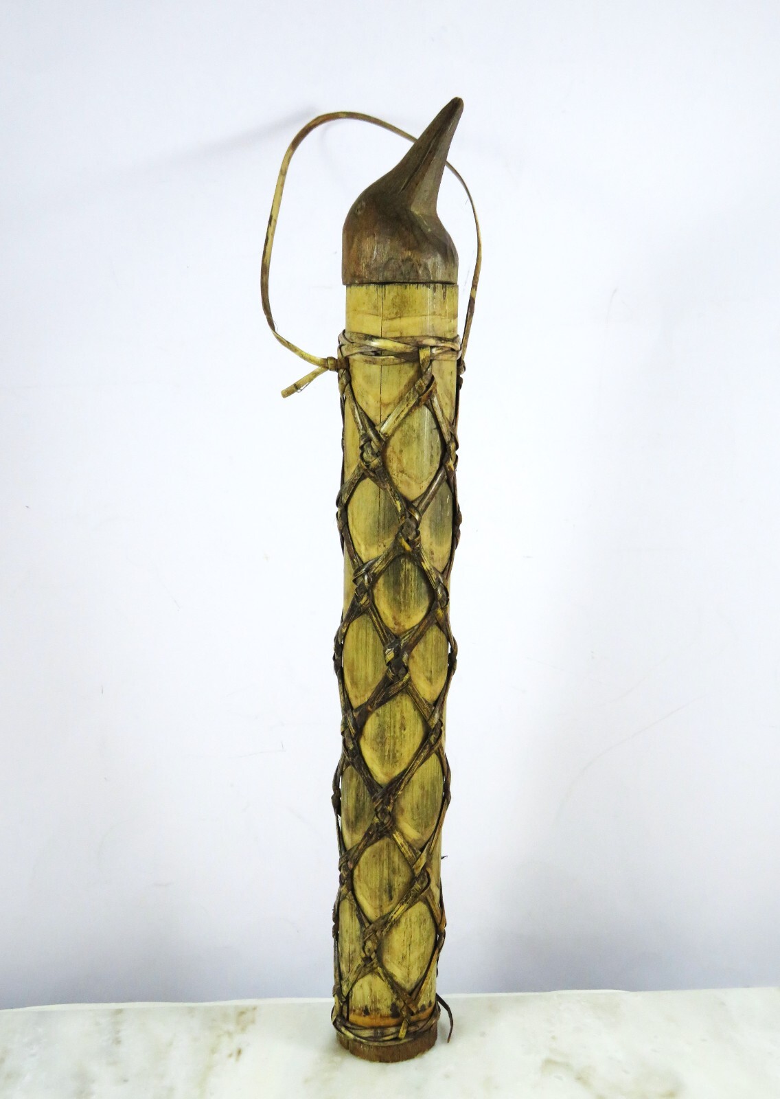 Vintage Bamboo Shaman Herb Lime Betelnut Container Carved Wood Bird Head Stopper
