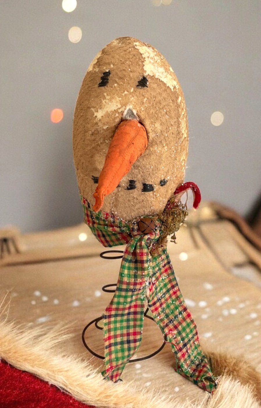 Folk Art Christmas Snowman head on spring handmade decor primitive rustic OOAK