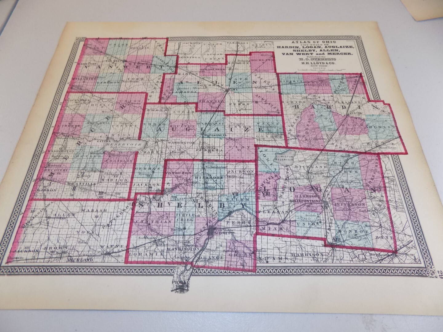 1868 OHIO Map HARDIN,LOGAN,AUGLAIZE,SHELBY,ALLEN,VAN WERT,MERCER COUNTIES / B