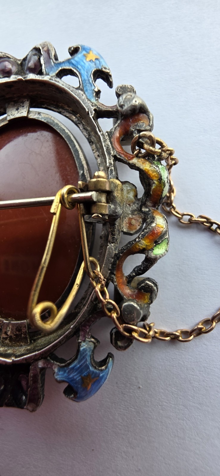 Unusual 19thc Sardonyx hardstone cameo and enamel brooch