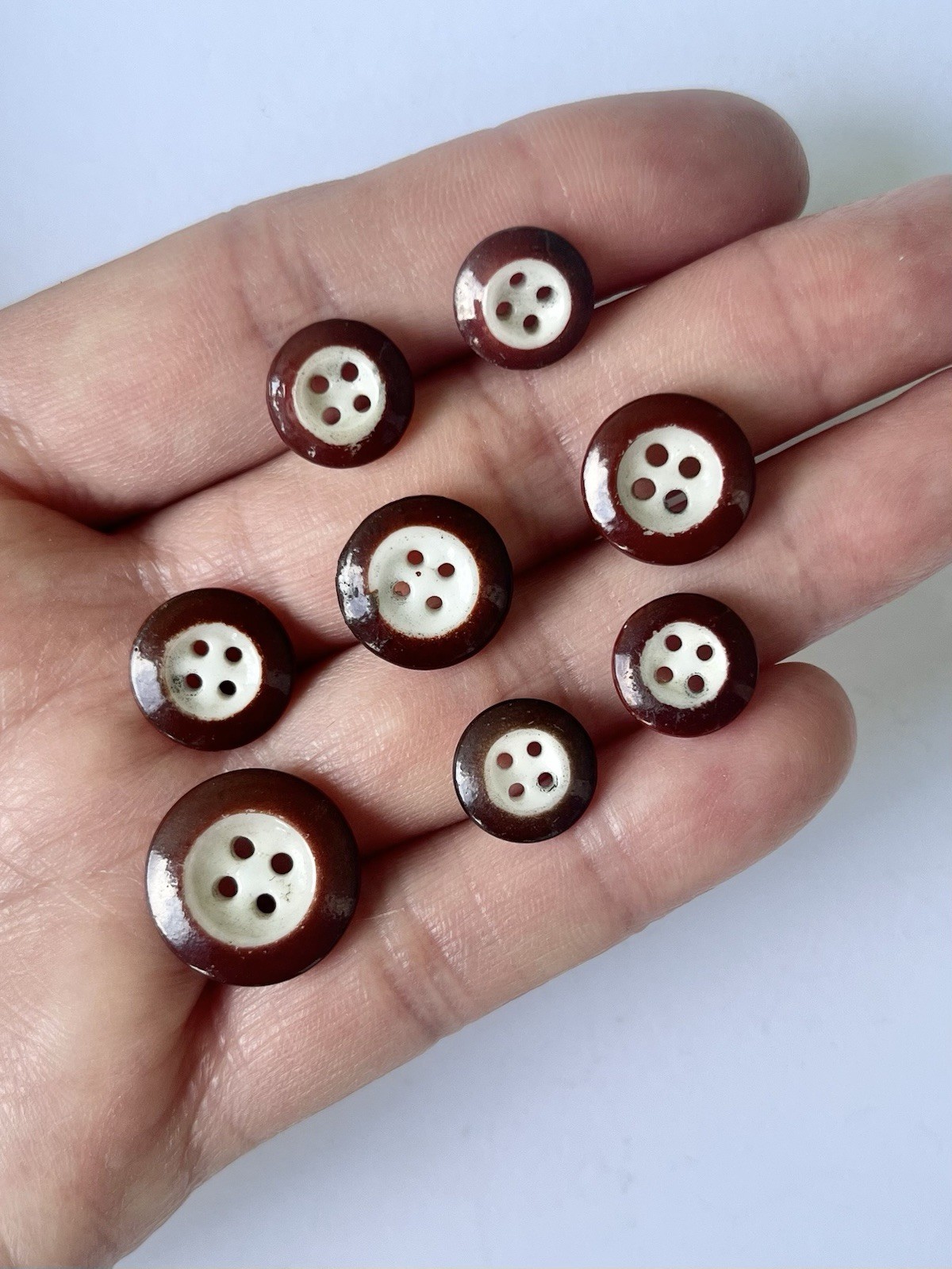 Lot of 8 Antique China Saucer Brown Rim on White Buttons
