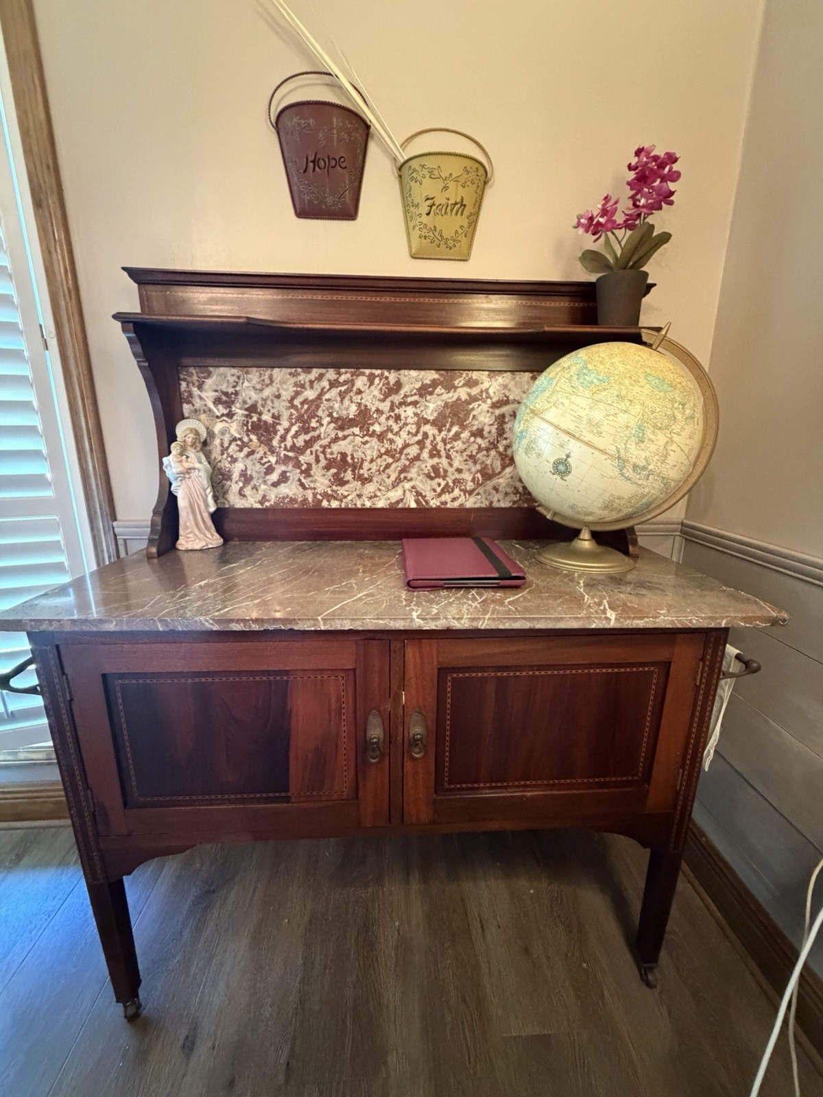Antique Marble Top Wooden Sideboard Buffet with Raised Panel Doors & Back Panel