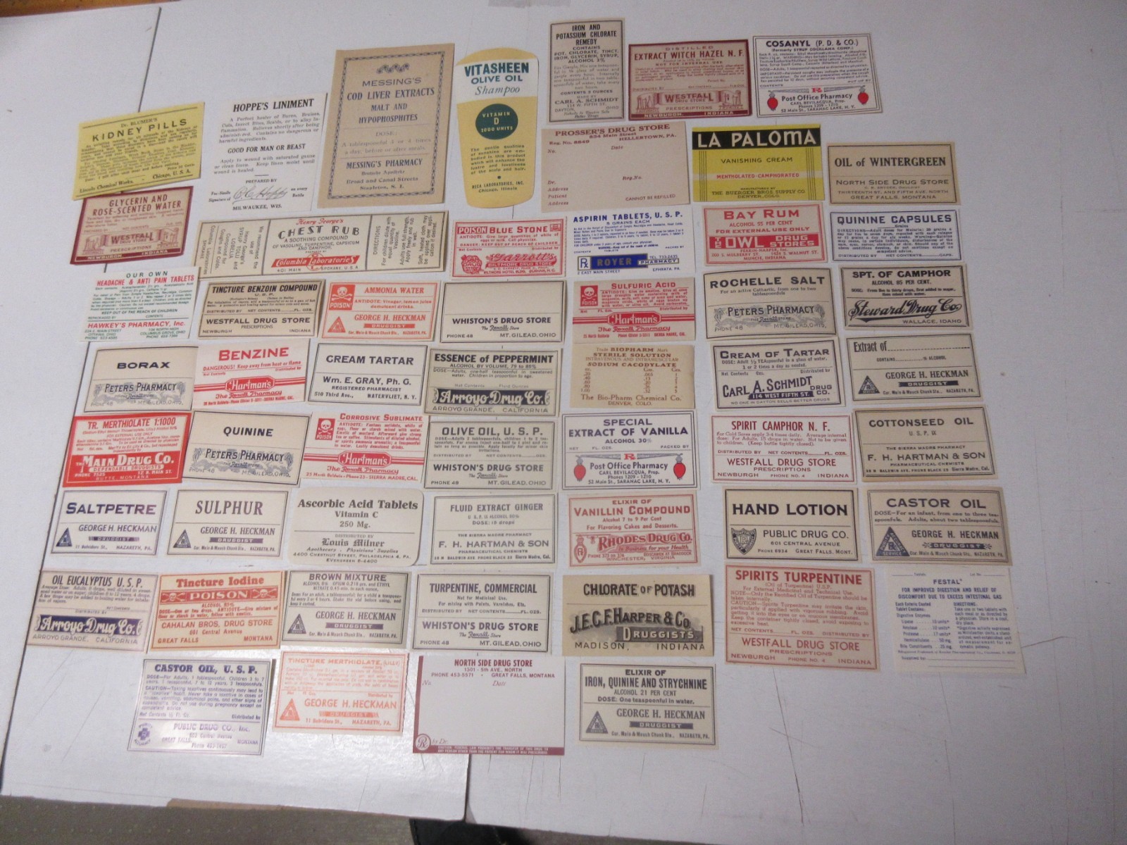 55 POISON PHARMACY-MEDICINE BOTTLE LABELS=ALL DIFFERENT (HARD TO FIND)