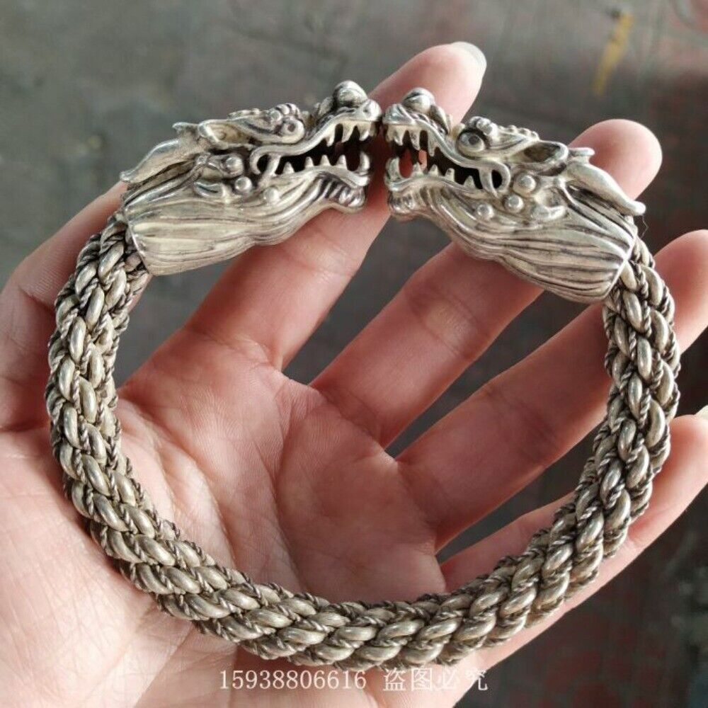 Old Tibet Silver Handmade Double Dragon Head Silver Bracelet Men’s Bracelet 1115