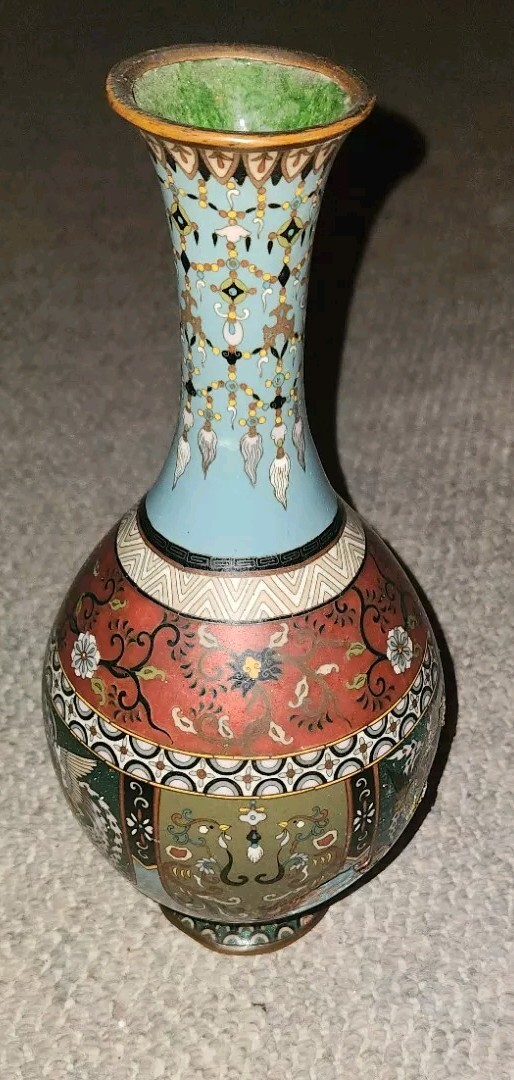 Vintage Old Cloisonne Enamel Flower Vase Bottle Has Damage As Is 13 Inch