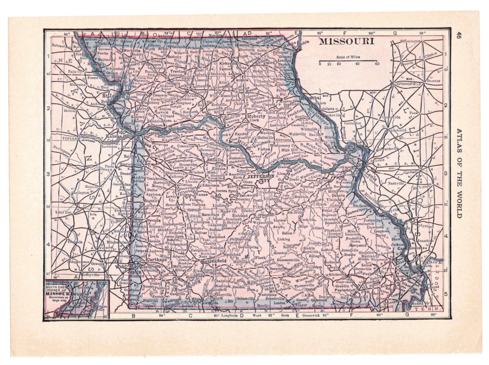 1915 Original Antique Hammond Atlas Map of MIssouri on reverse Iowa