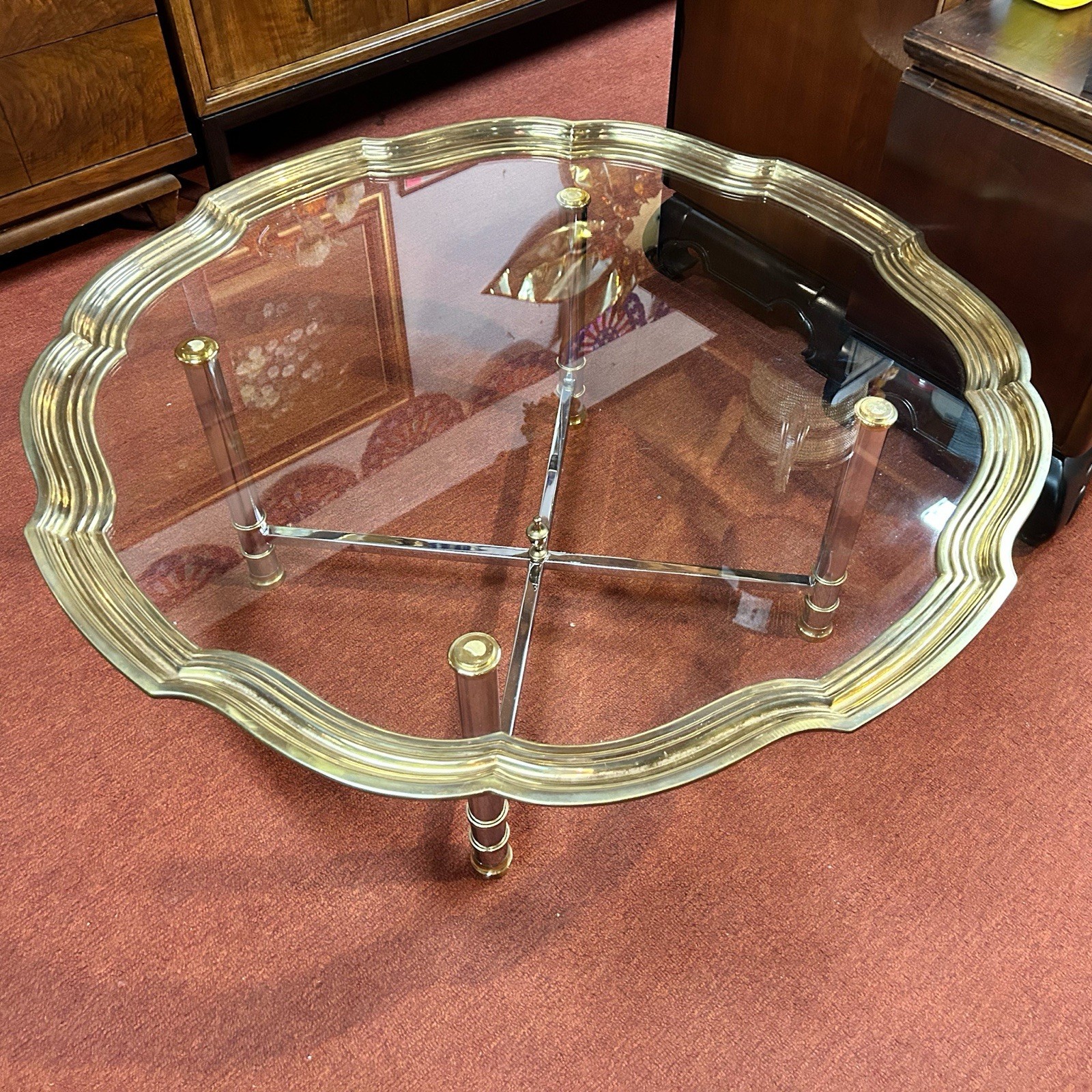 Vintage Maison Jansen Style Steel & Brass Scalloped Glass Tray Top Coffee Table