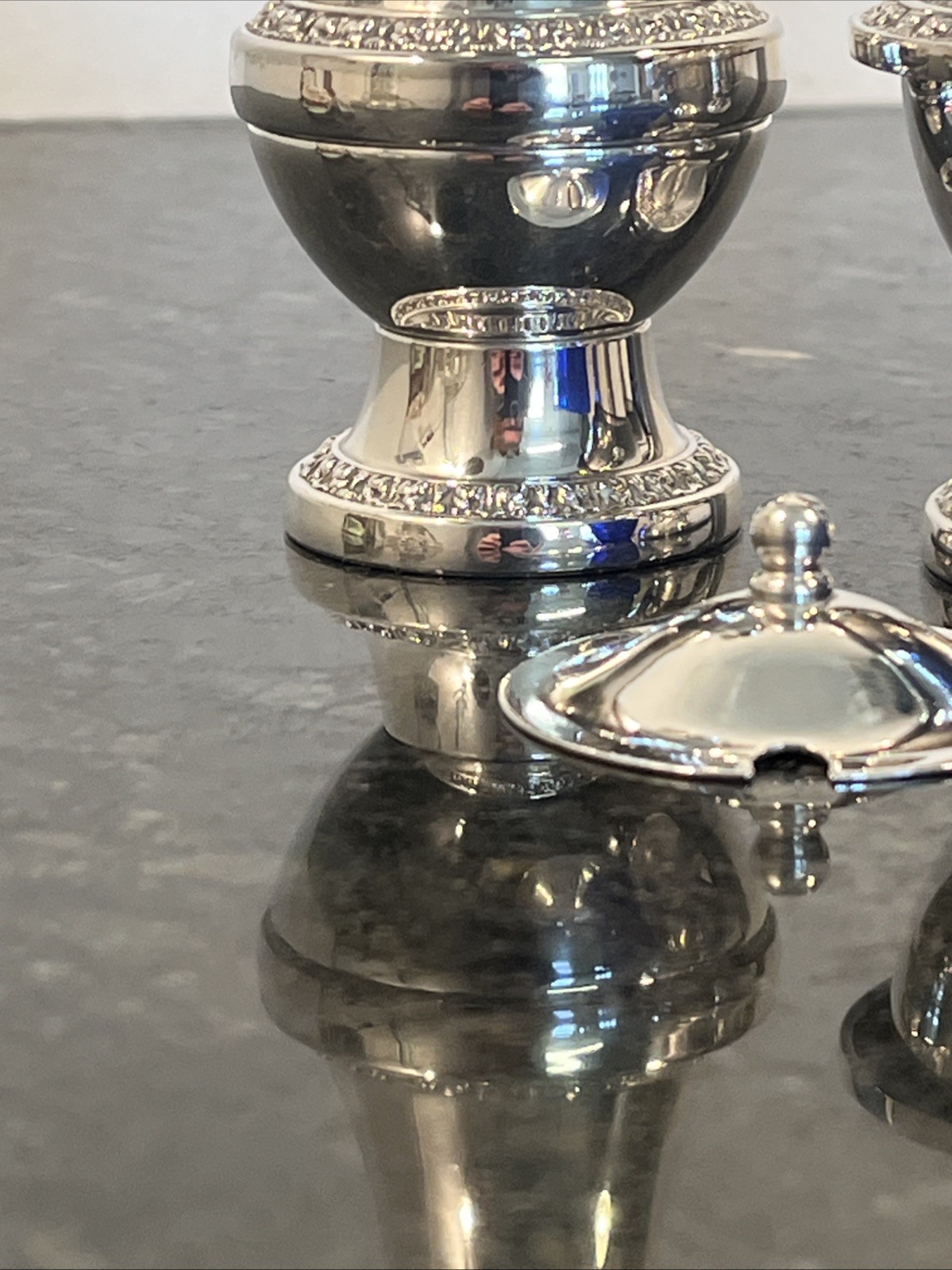 Ianthe Silver Plated Condiment Set Salt Pepper Mustard Pot England