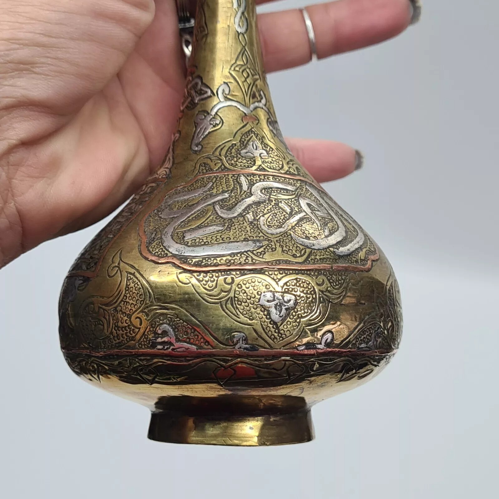 Antique Moorish Brass Decorative Vase Silver and Copper Inlaid