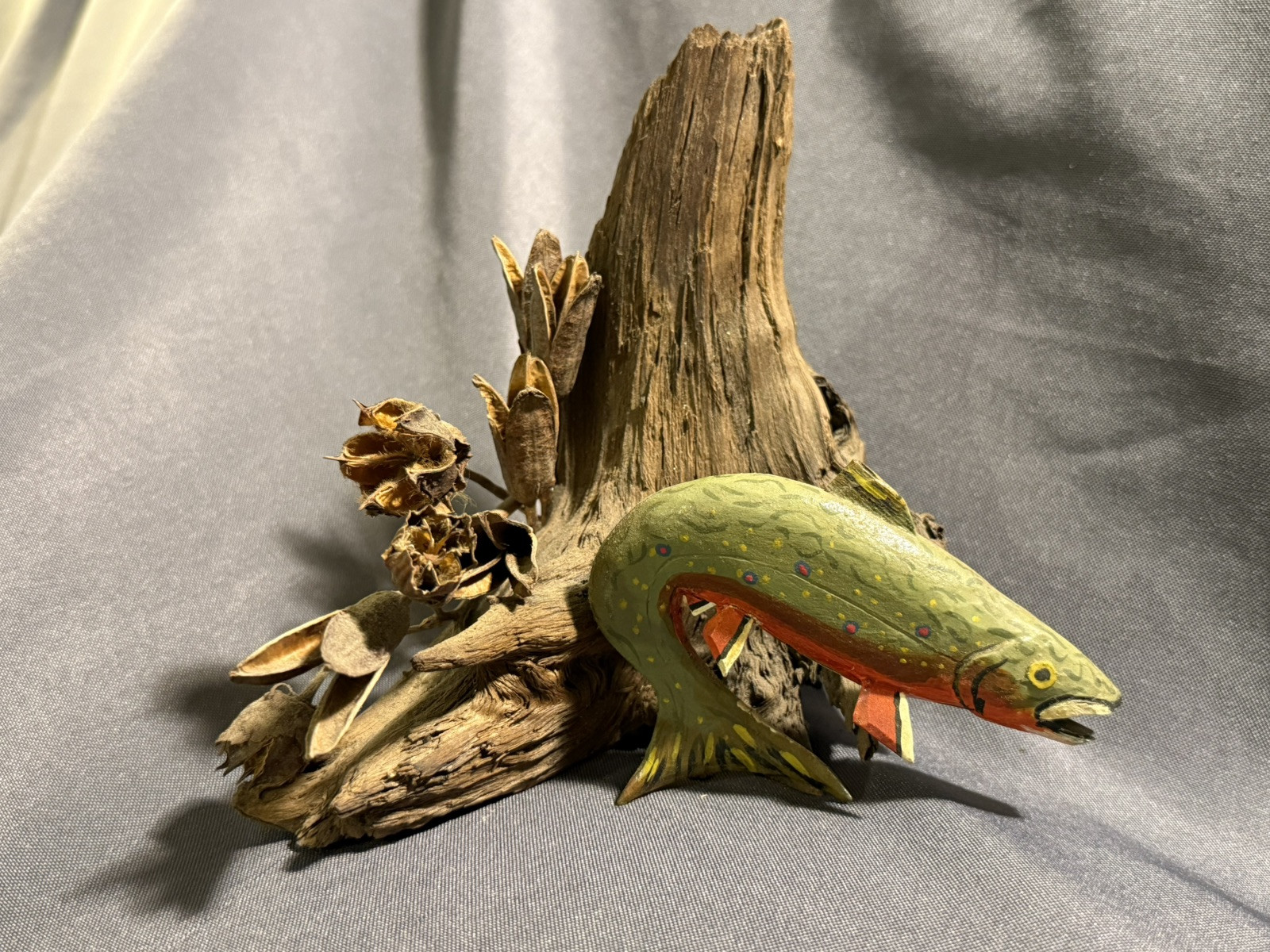Folk Art Carved Painted Miniature Wooden Breeching Brook Trout Robert Broadley