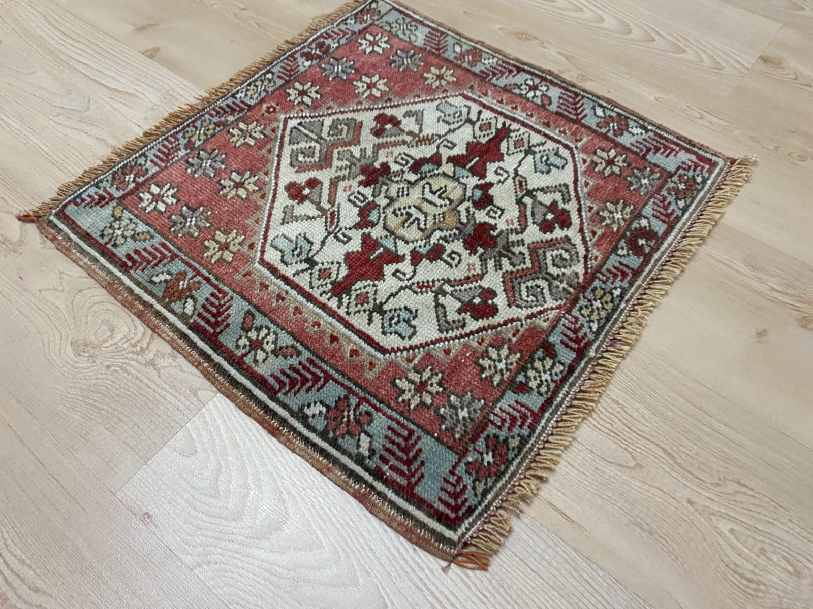 Handwoven Turkish Hexagon Medallion Rug Wool Square Red Carpet 1.7×1.8 ft