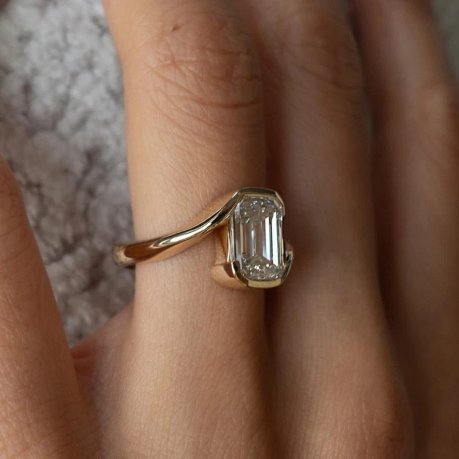 3Ct Emerald Cut Lab Created Diamond Bezel Engagement Ring 14K Yellow Gold Plated