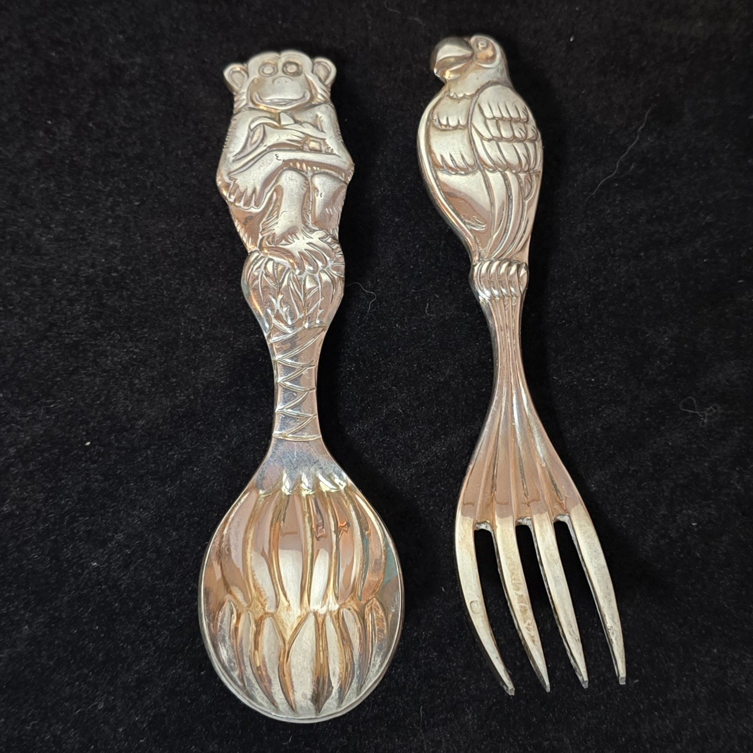 Reed & Barton Safari PARROT & MONKEY Silverplated BABY Spoon & Fork 2 Pc Set