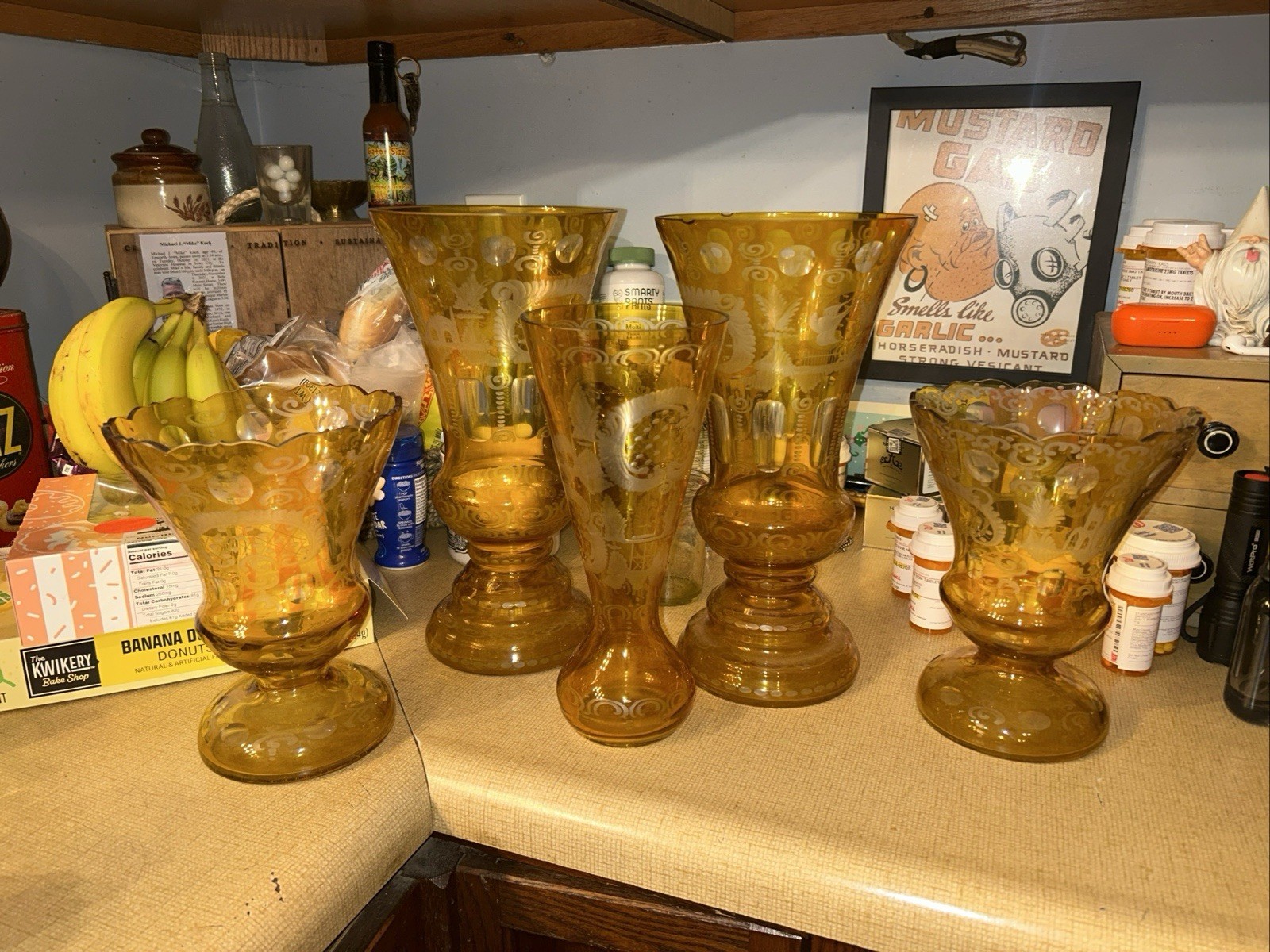 Set Of 6 Antique Amber Etched Glasses Bohemian Czech