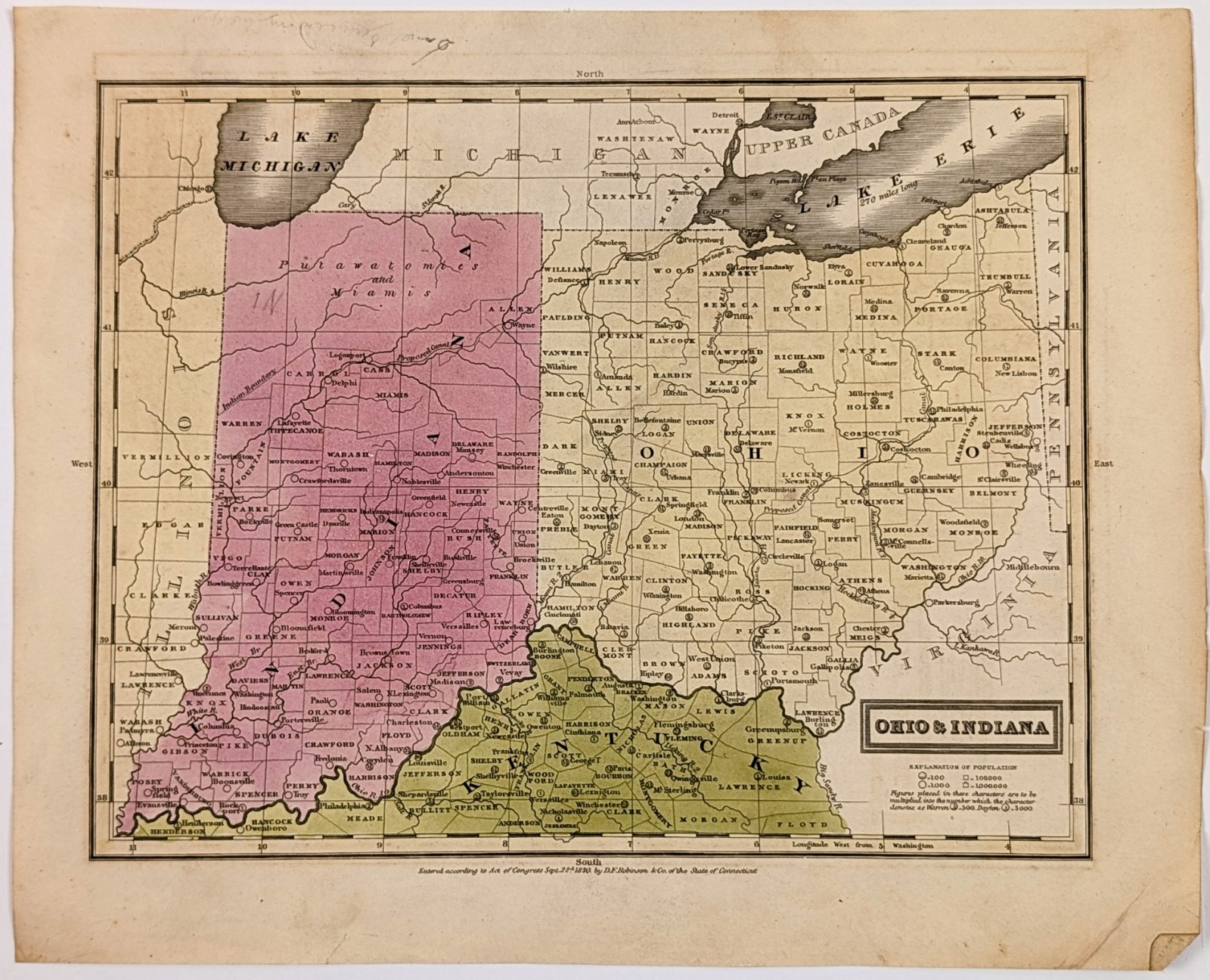 1830 Indiana ~ Ohio ~ Kentucky Map ORIGINAL Early Counties Indian Lands EXRARE