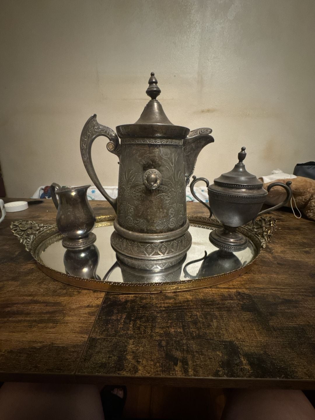 Antique Rockford Silver Co. Quadruple Plate Victorian Coffee Pot, Creamer, and S