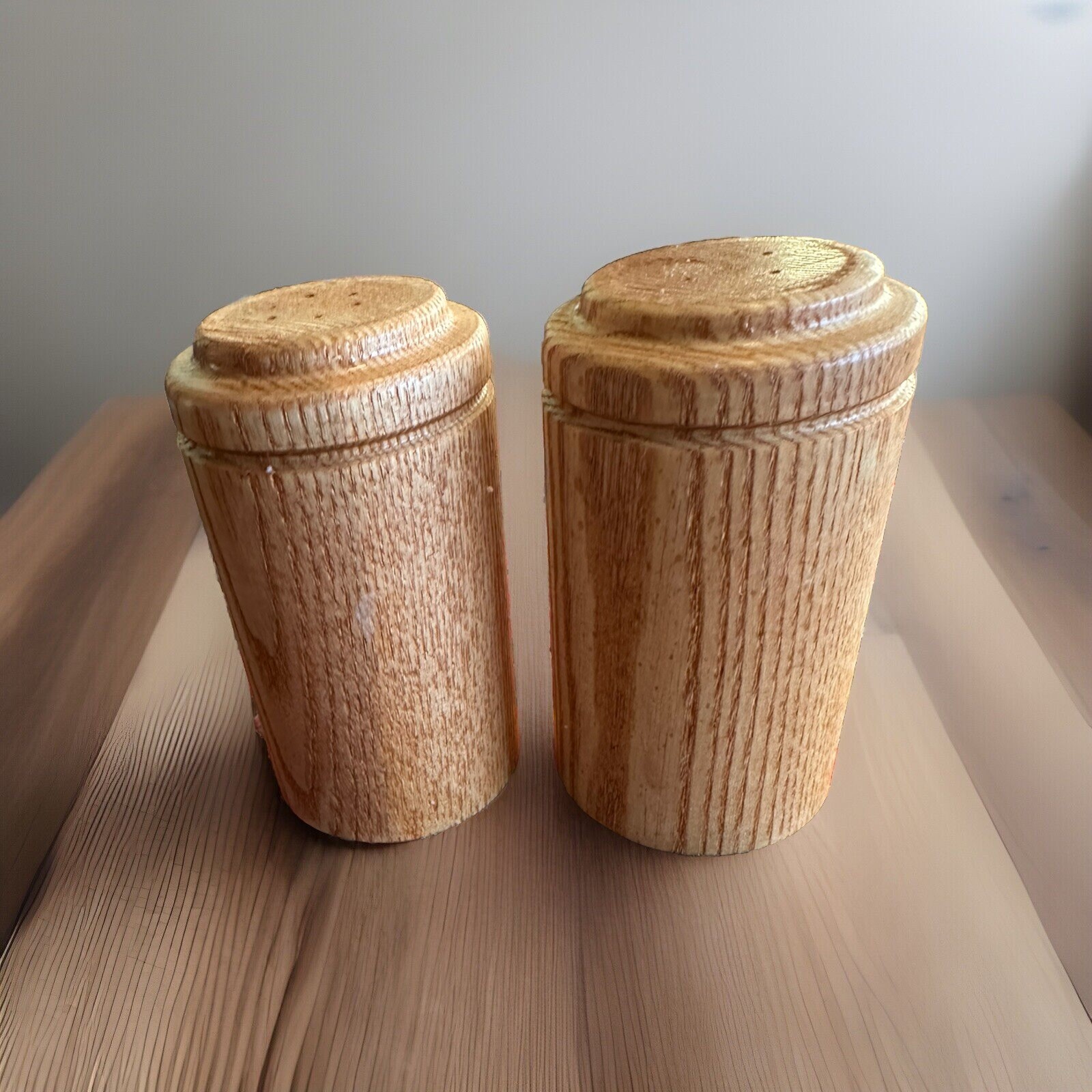 Vintage MCM 1970’s Oak Wood Salt & Pepper Shakers 4 Inches Tall