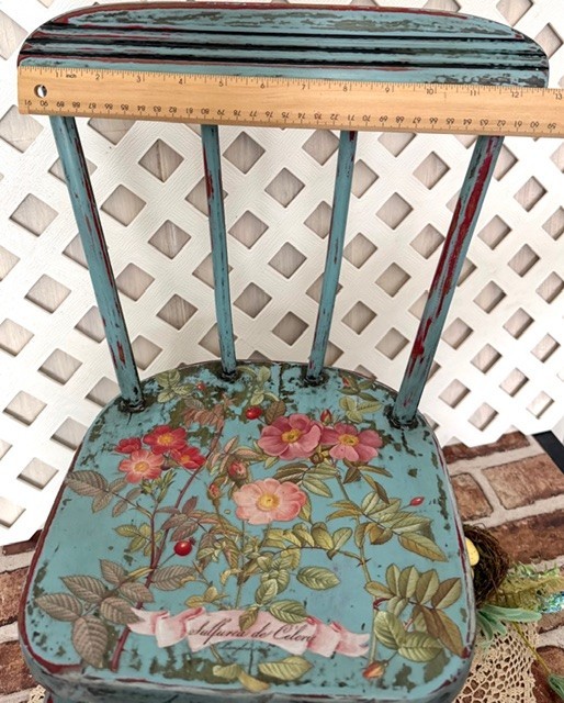 SMALL PRIMITIVE DECORATIVE TEAL BLUE 21″ COLONIAL WOOD CHAIR W/ IOD FLORAL DECOR
