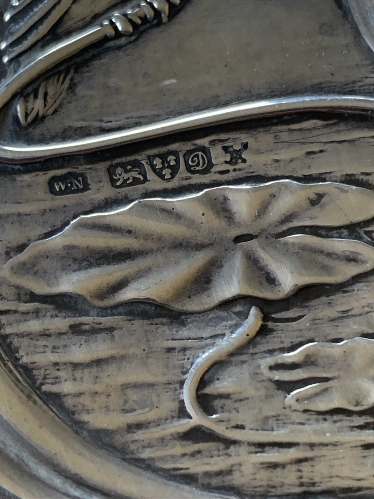 ART NOUVEAU SILVER HAND MIRROR-CHESTER 1904-WILLIAM NEALE-KINGFISHER/WATER LILY