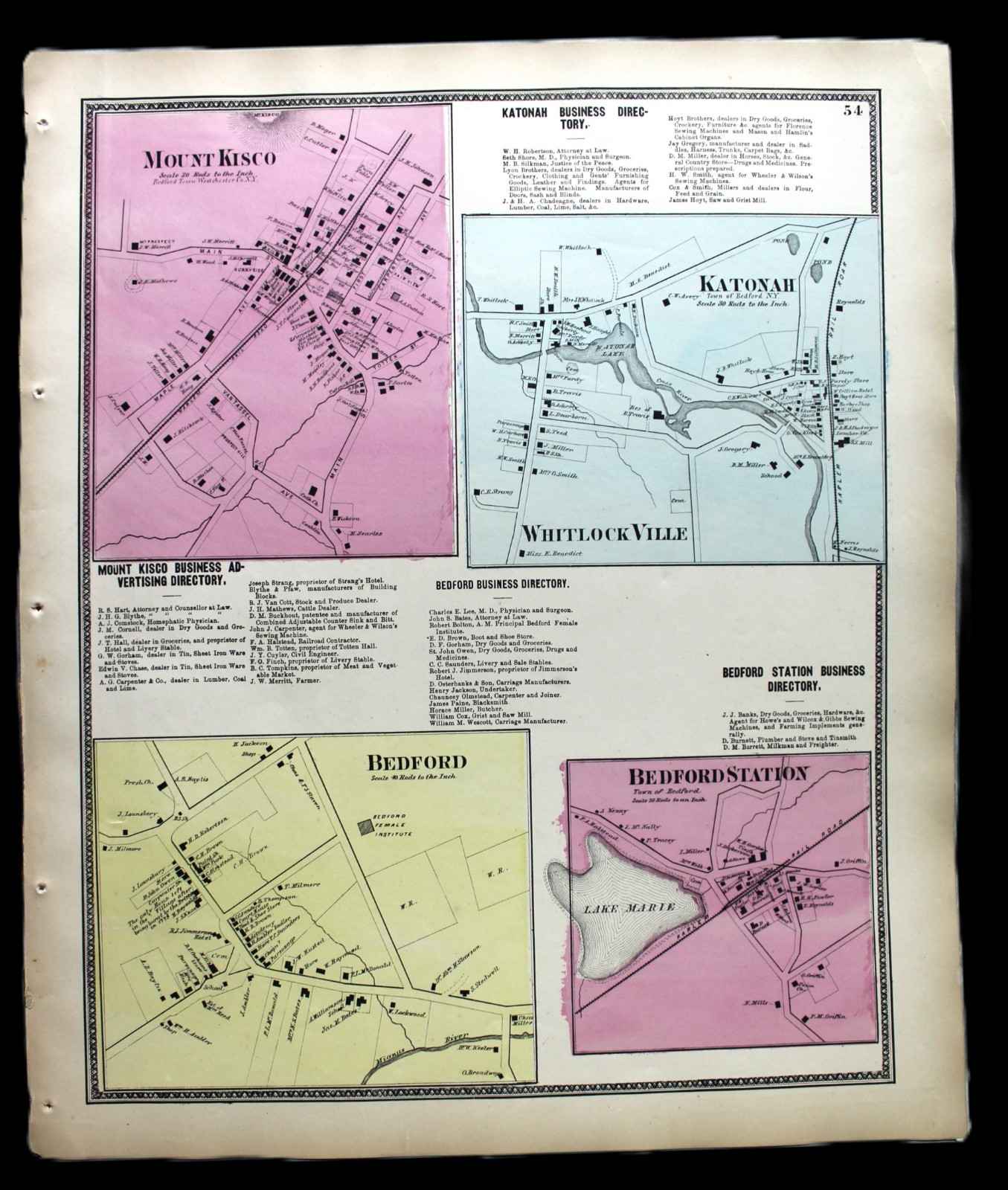 BEERS ELLIS & SOULE ATLAS MAP PAGE VILLAGE OF MOUNT KISCO BEDFORD NEW YORK 1868
