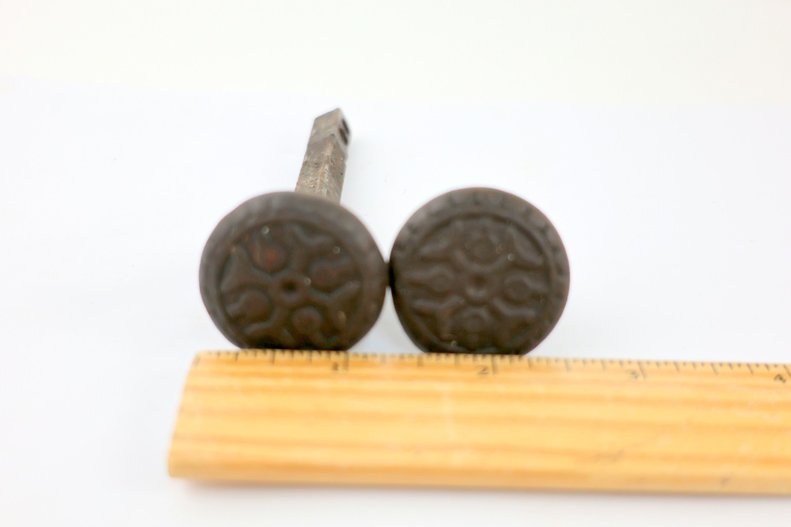 Two Antique Ornate Design 1-1/4″D Cast Iron Door Knobs with Spindle