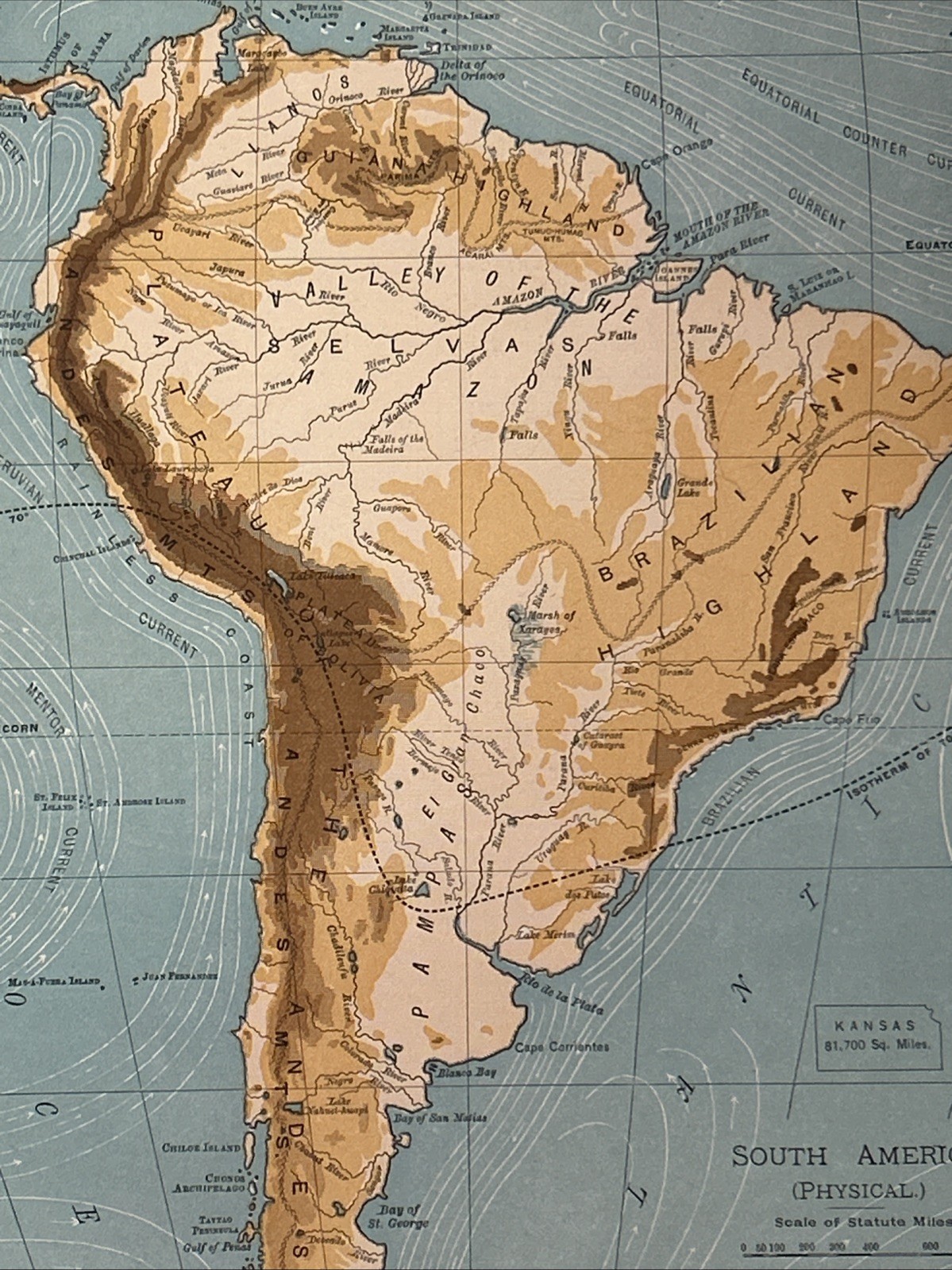 Antique 1901 Physical Map Of South America 12”x10”