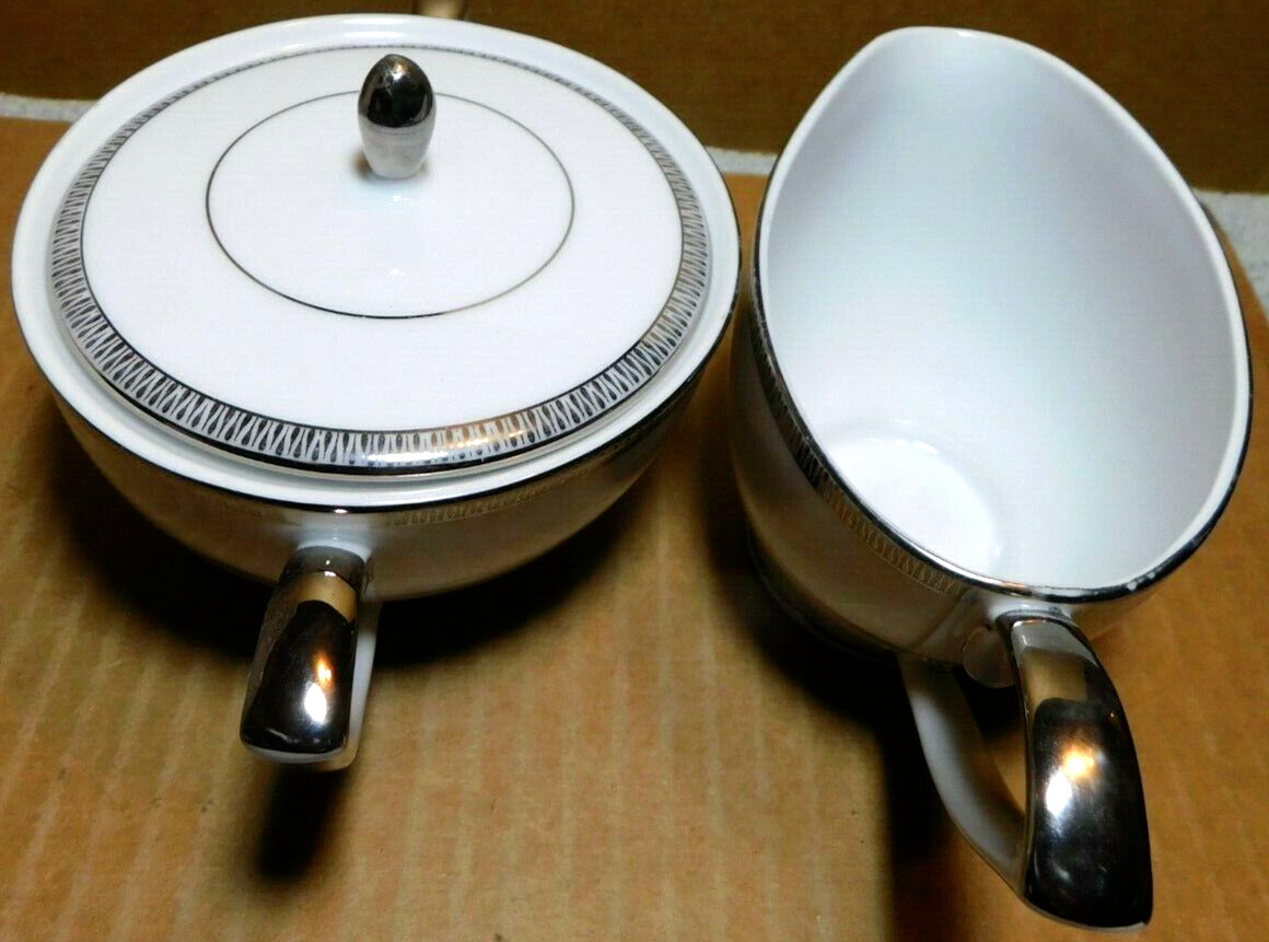 Mikasa~Barclay White & Silver Sugar Bowl With Lid And Creamer 3 Pc. Set