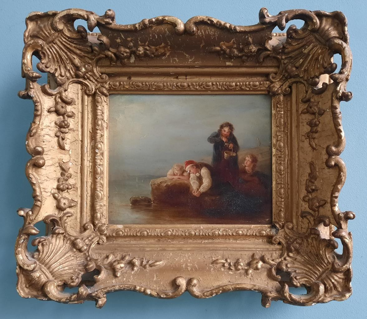 Fine 19th C Oil Painting attrb to William Collins Framed in Original Rocco Frame