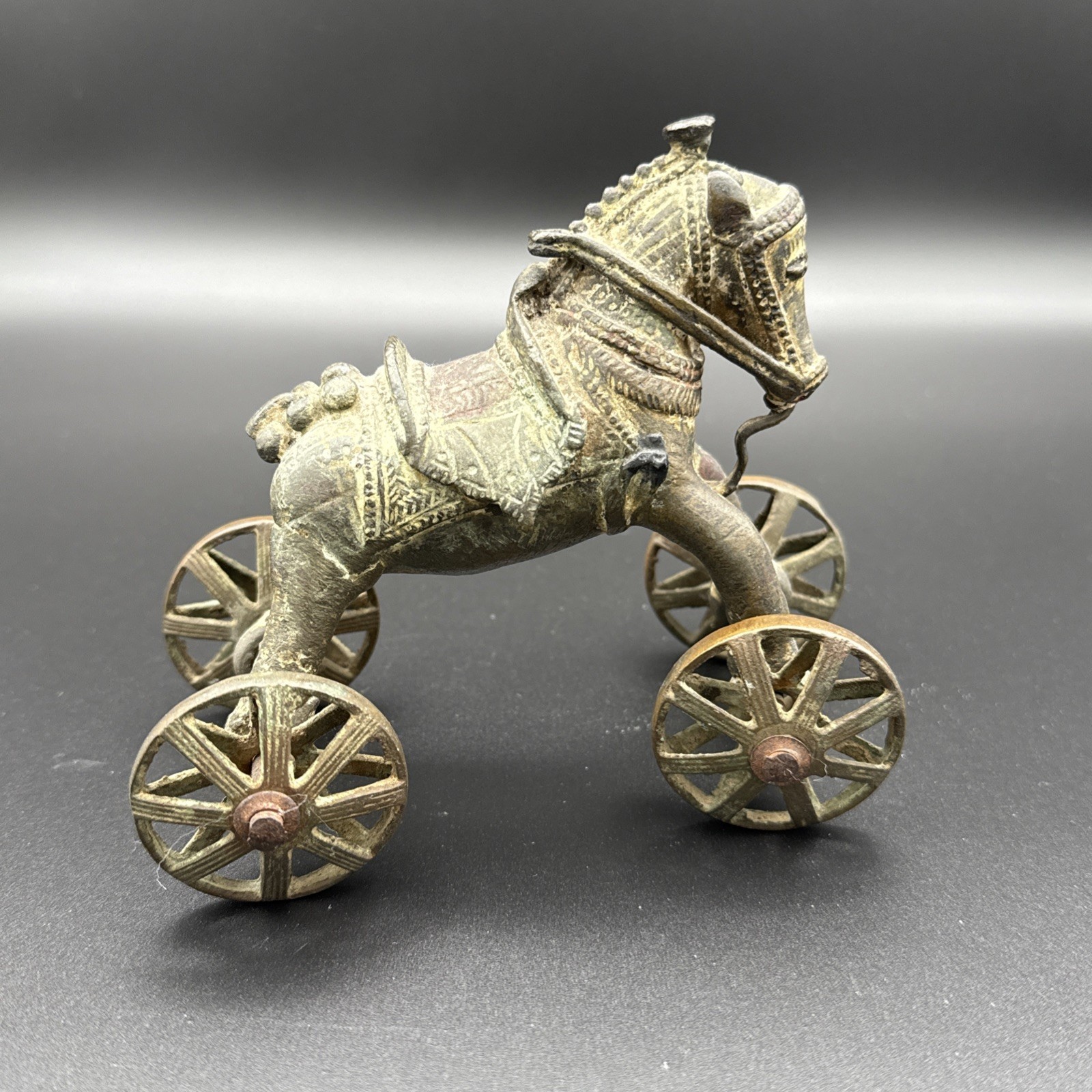 Antique Indian Solid Brass Temple toy, Horse on wheels 4.75” Tall & 5.5” Length