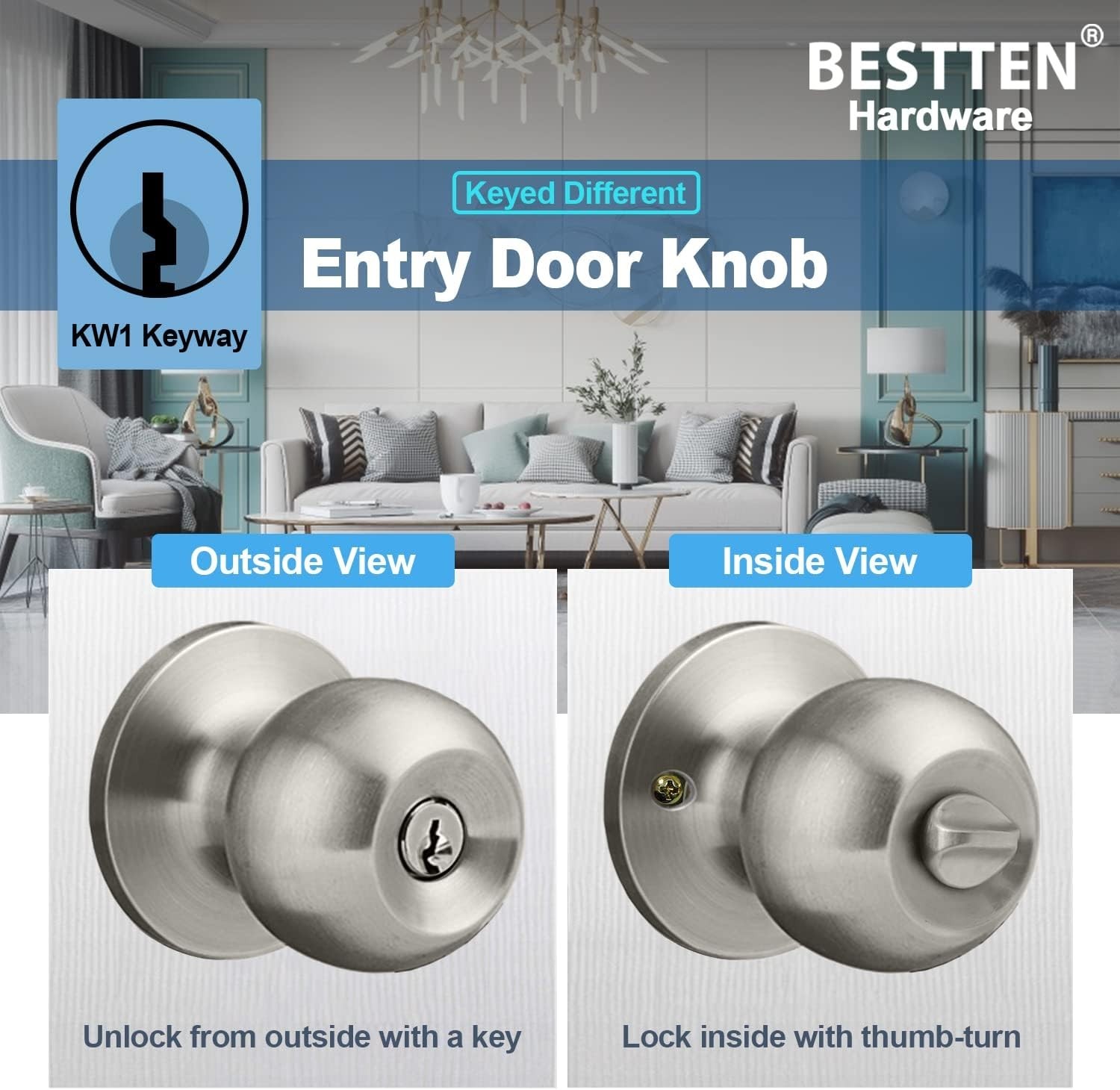 Keyed Different Entry Door Knobs – 4 Pack Satin Nickel, All-Metal Construction