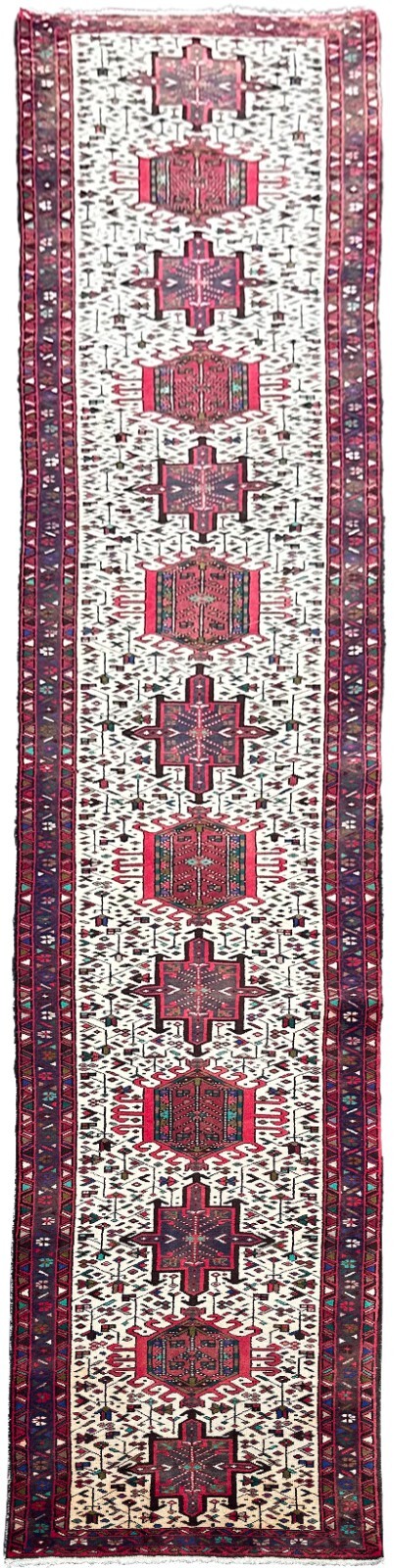 3×16 Antique Traditional Handmade Runner Rug Ivory Wool 79cm x 491cm c.1930