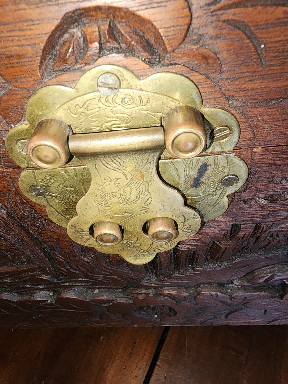 Vintage Hand Carved Camphor Wood Chest Trunk Asian Chinese Brass