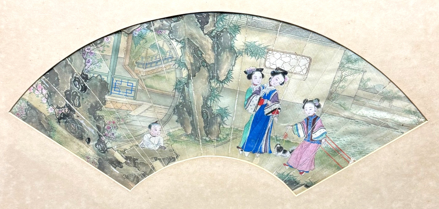 19C. Chinese Framed Fan Painting Meiren in a Garden Setting (AHB)