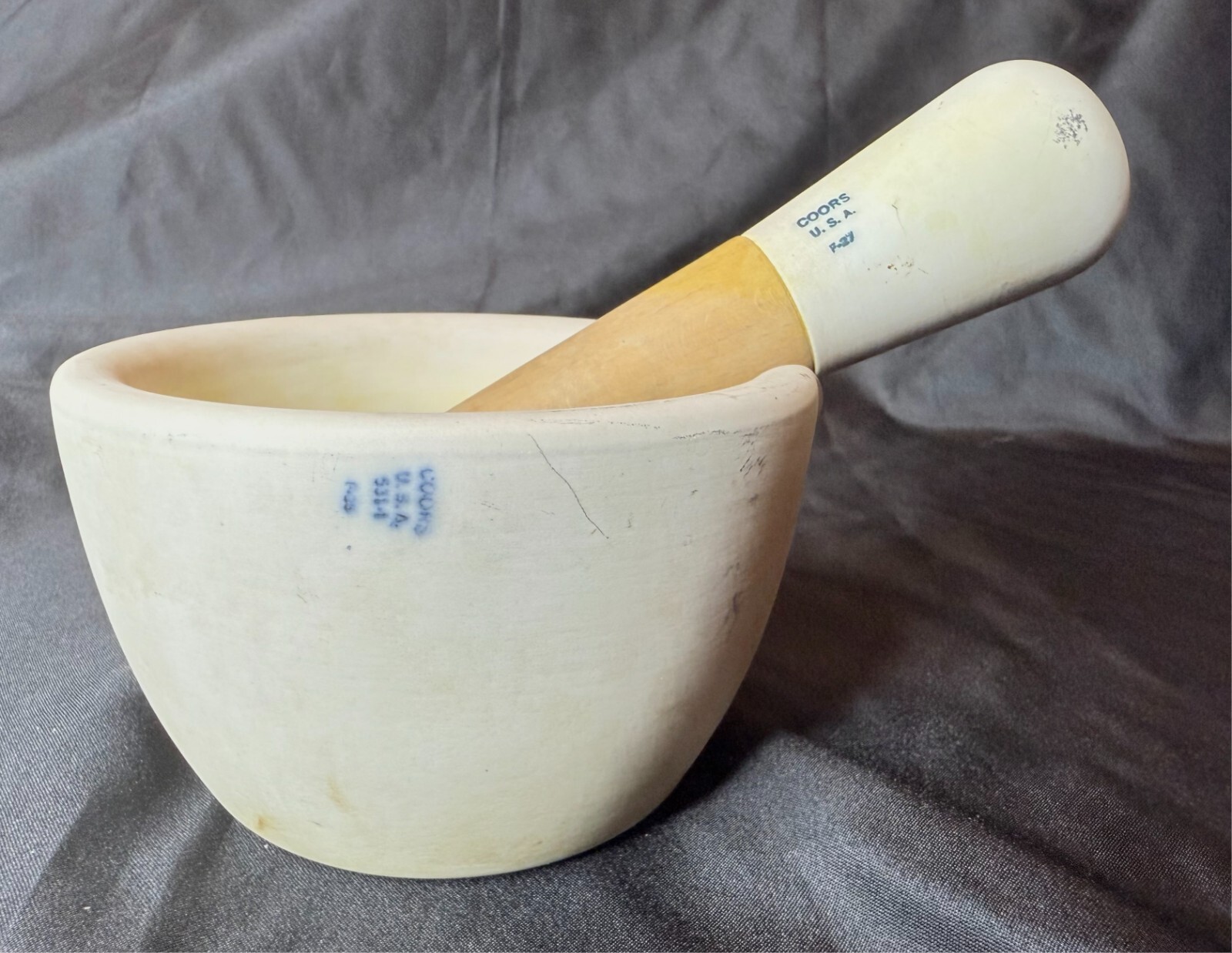 VTG 1920s Large Coors USA Apothecary Porcelain Mortar w Wood Handle Pestle Set