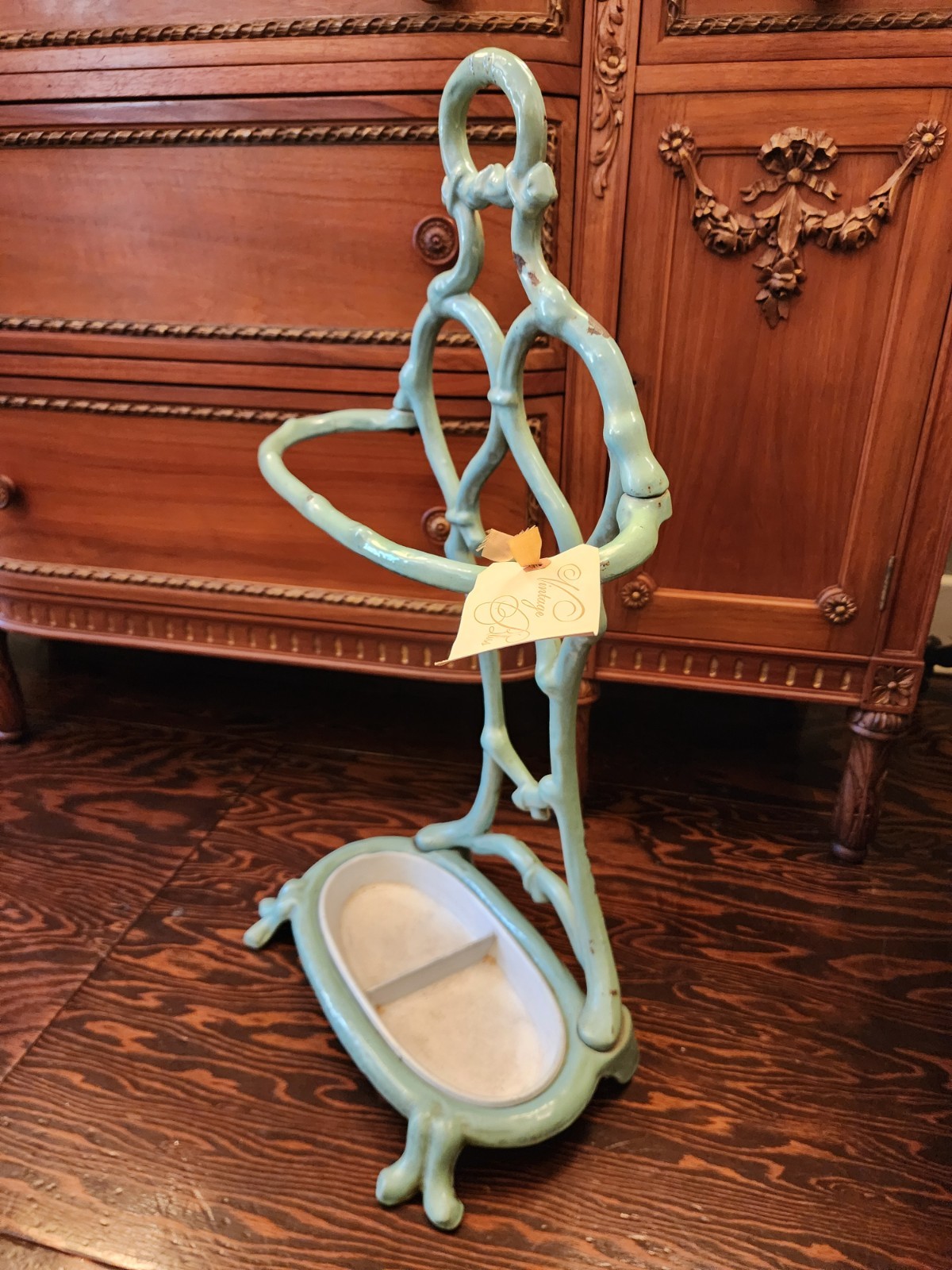 Antique French Art Nouveau Green & White Enameled Cast Iron Umbrella Stand