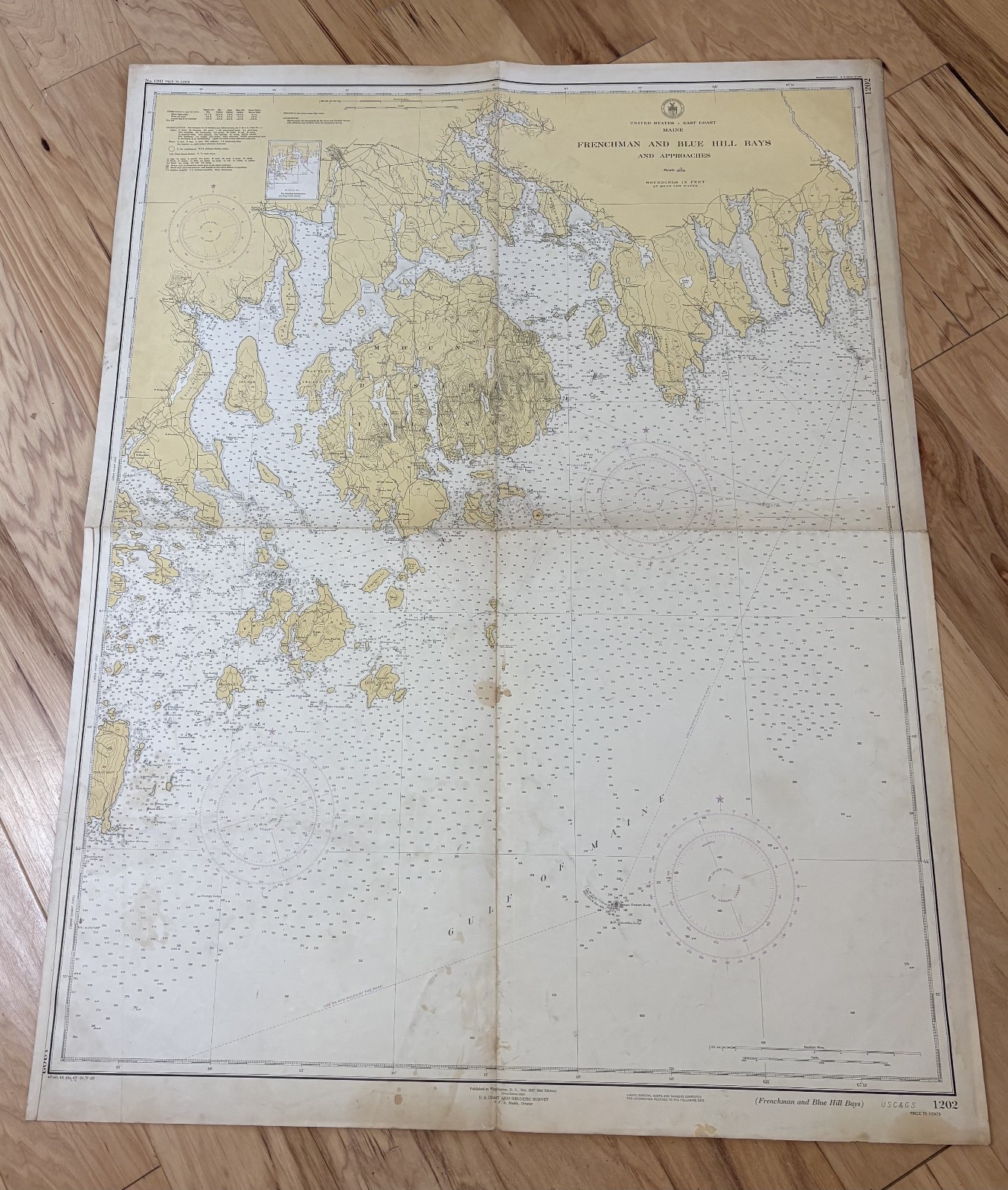 Vintage 1947 Frenchman and Blue Hill Bays, Nautical Map/Chart – 43.5 x 33.5