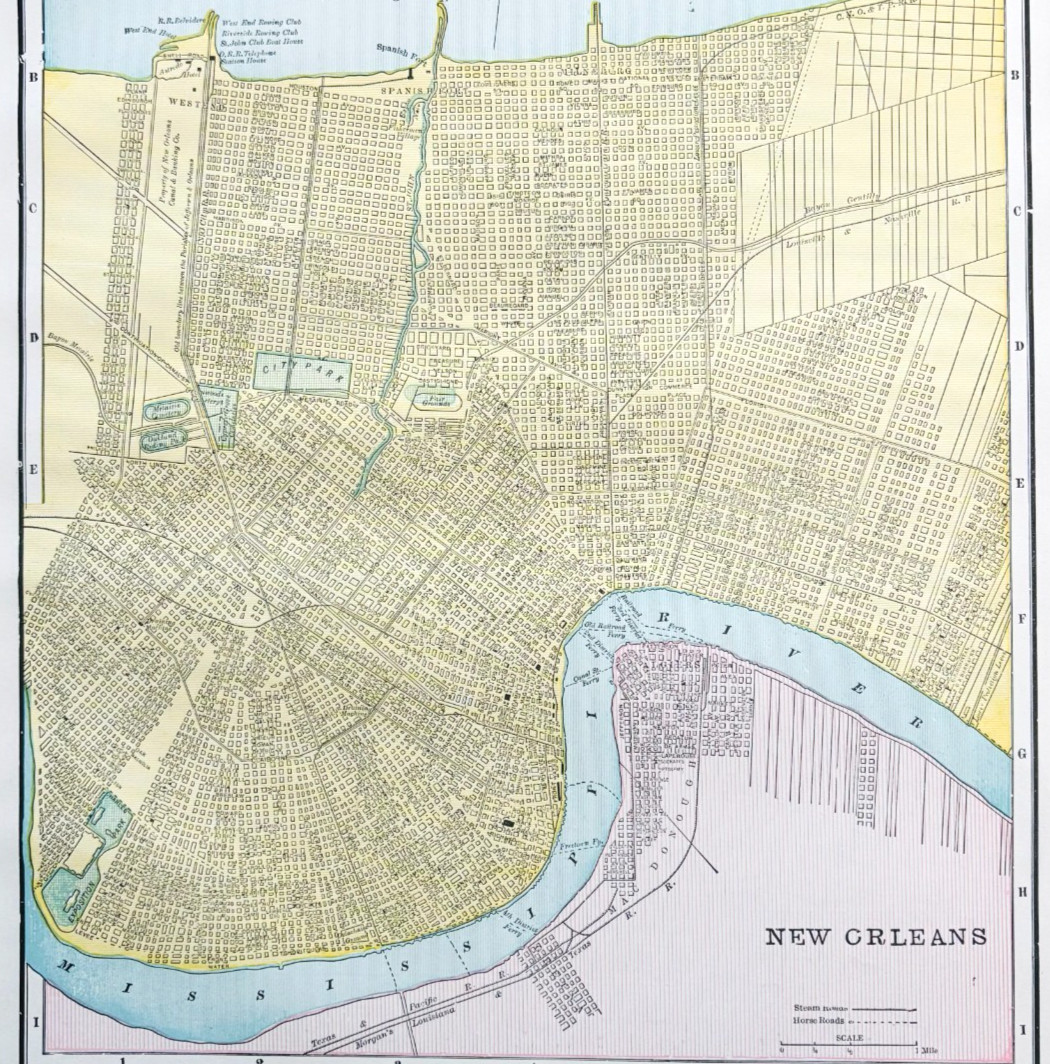 1895 New Orleans Louisiana City Map Victorian Antique Geography History DWYY10A