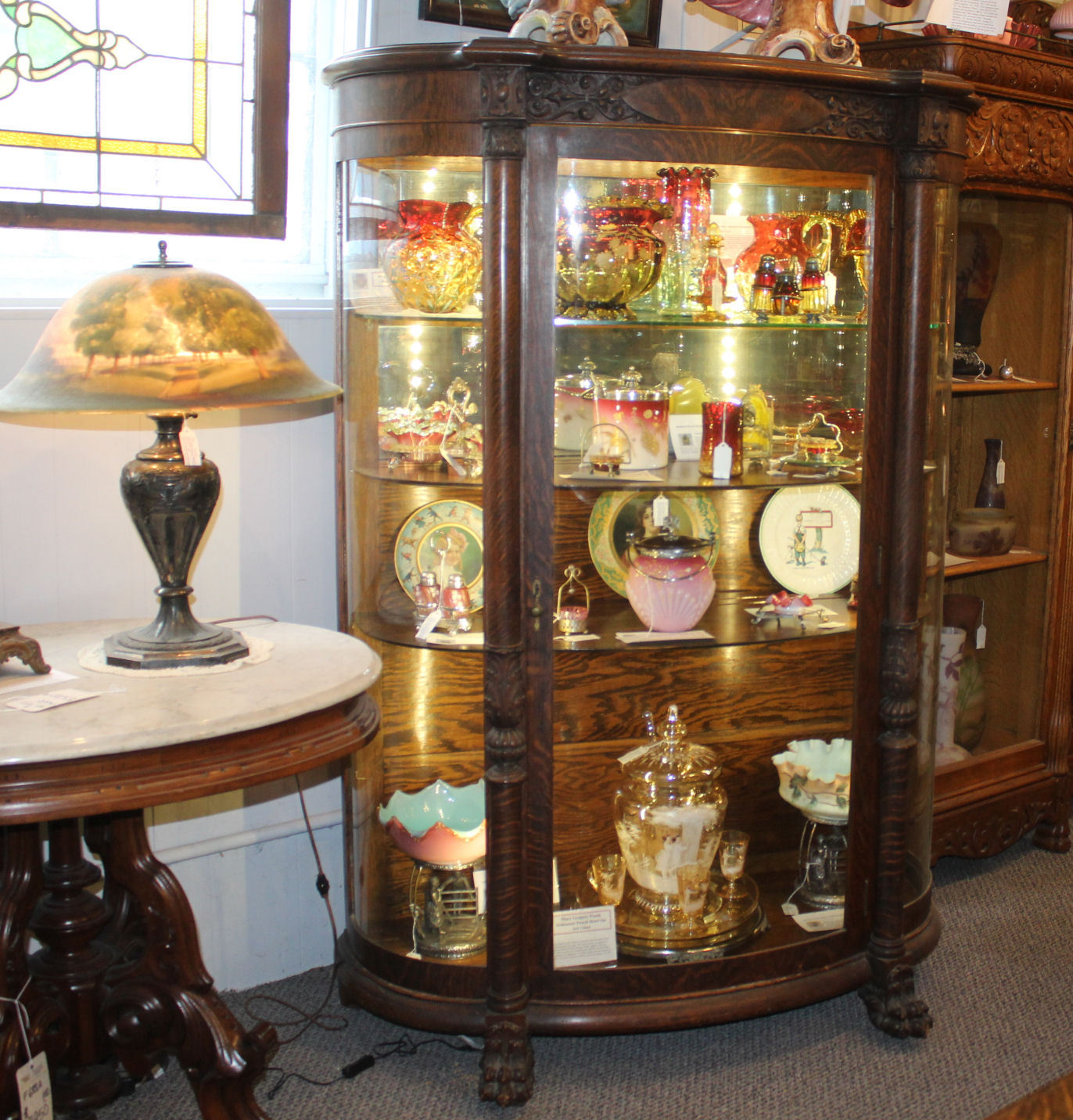 Antique fine carved Oak Curved China Curio Cabinet