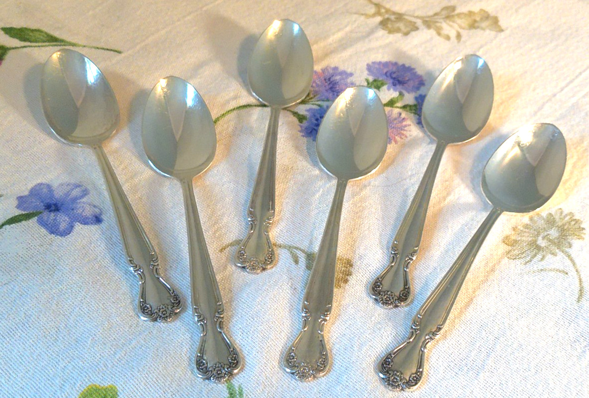 6 Rogers & Bro Tea Spoons DAYBREAK ELEGANT LADY Reinforced Plate IS 6″ 1952