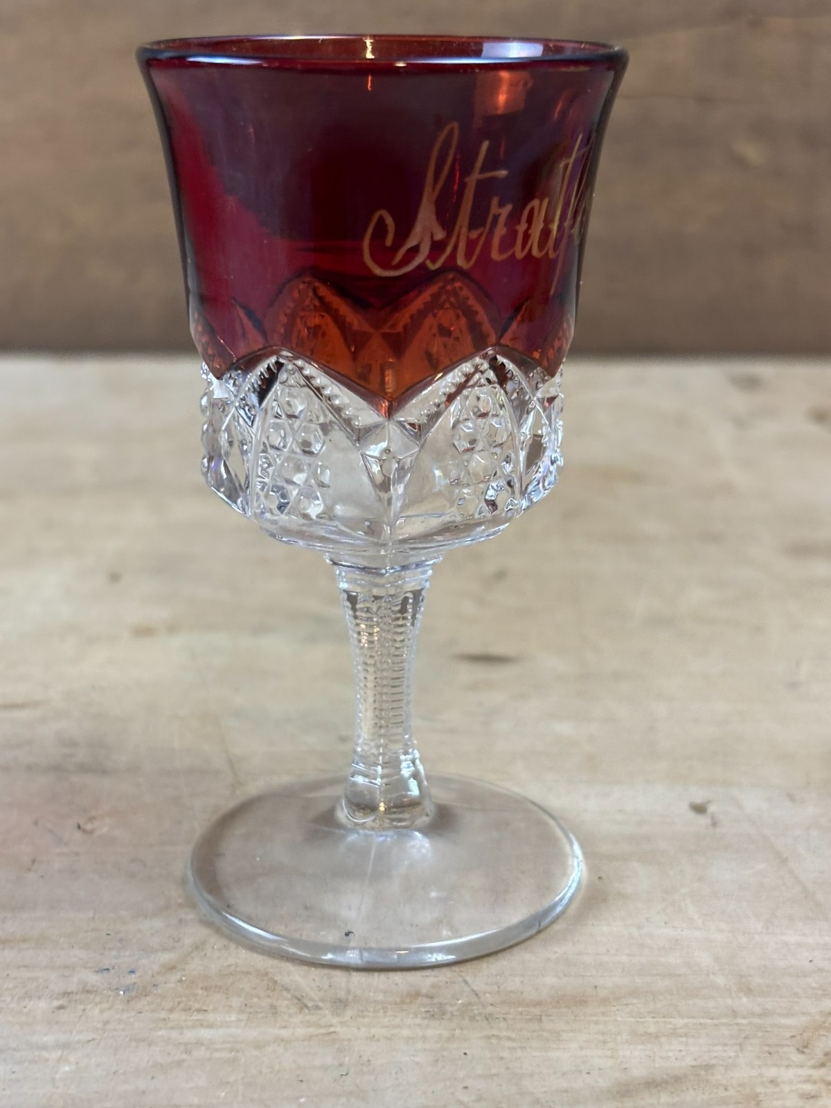 #44G Antique Stratford Ruby Red Flash Souvenir Glass Cut Glass Goblet