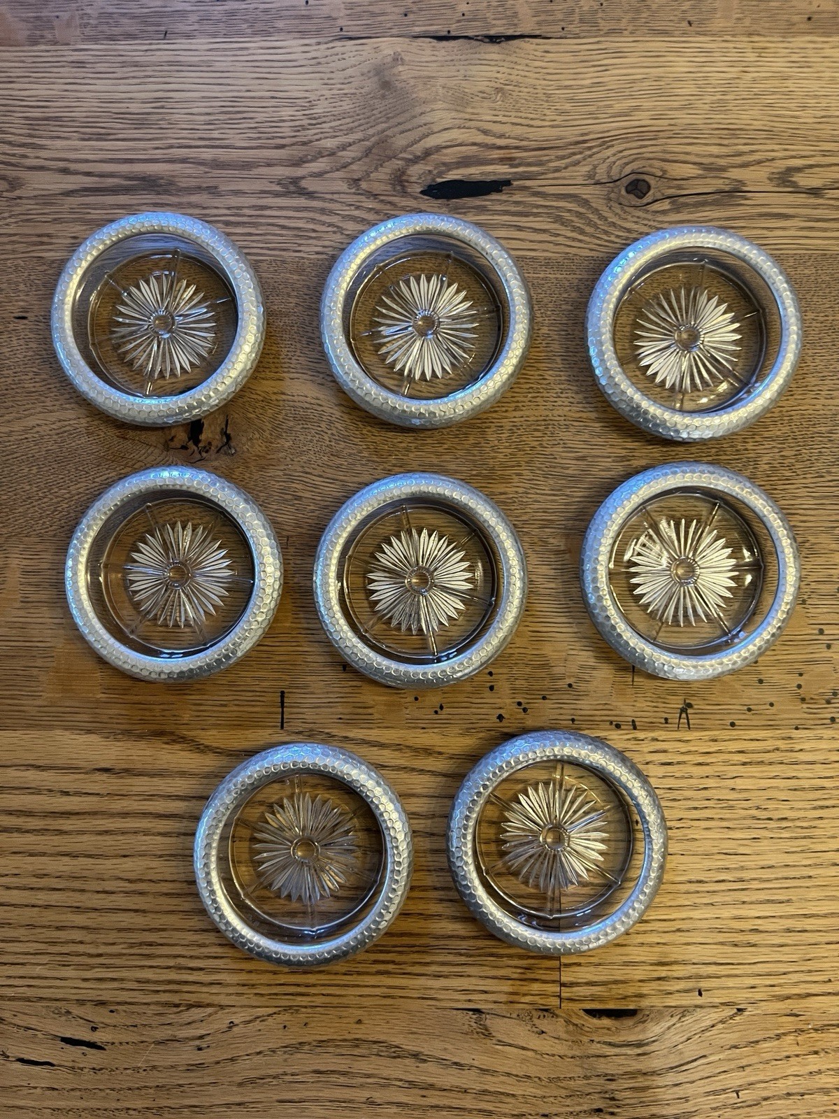 Vintage Hammered Aluminum Coasters Starburst Pattern Glass Set Of 8