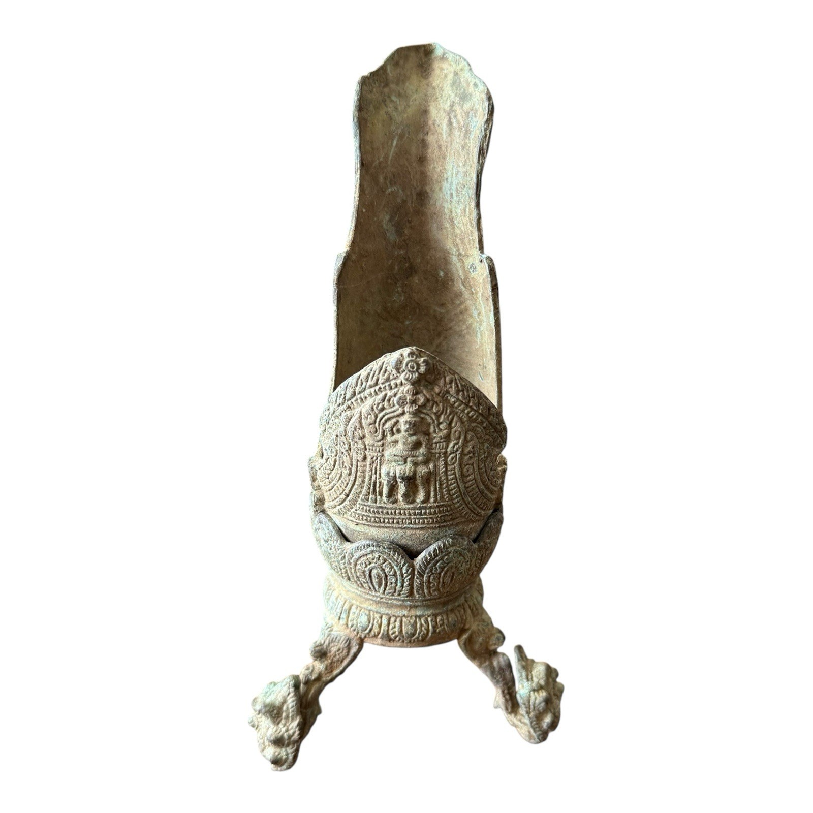Ancient Rare 12th C Cambodia Khmer Ritual Bronze Kala Conch Shell with W/Tripod