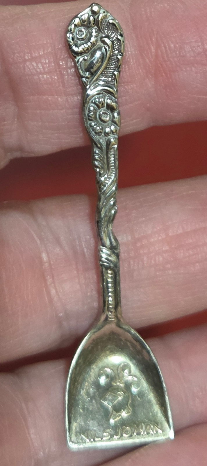 Ornate Silver 2.25″ Salt Spoon Nils Johan, ALP, shovel, sweet, tiny